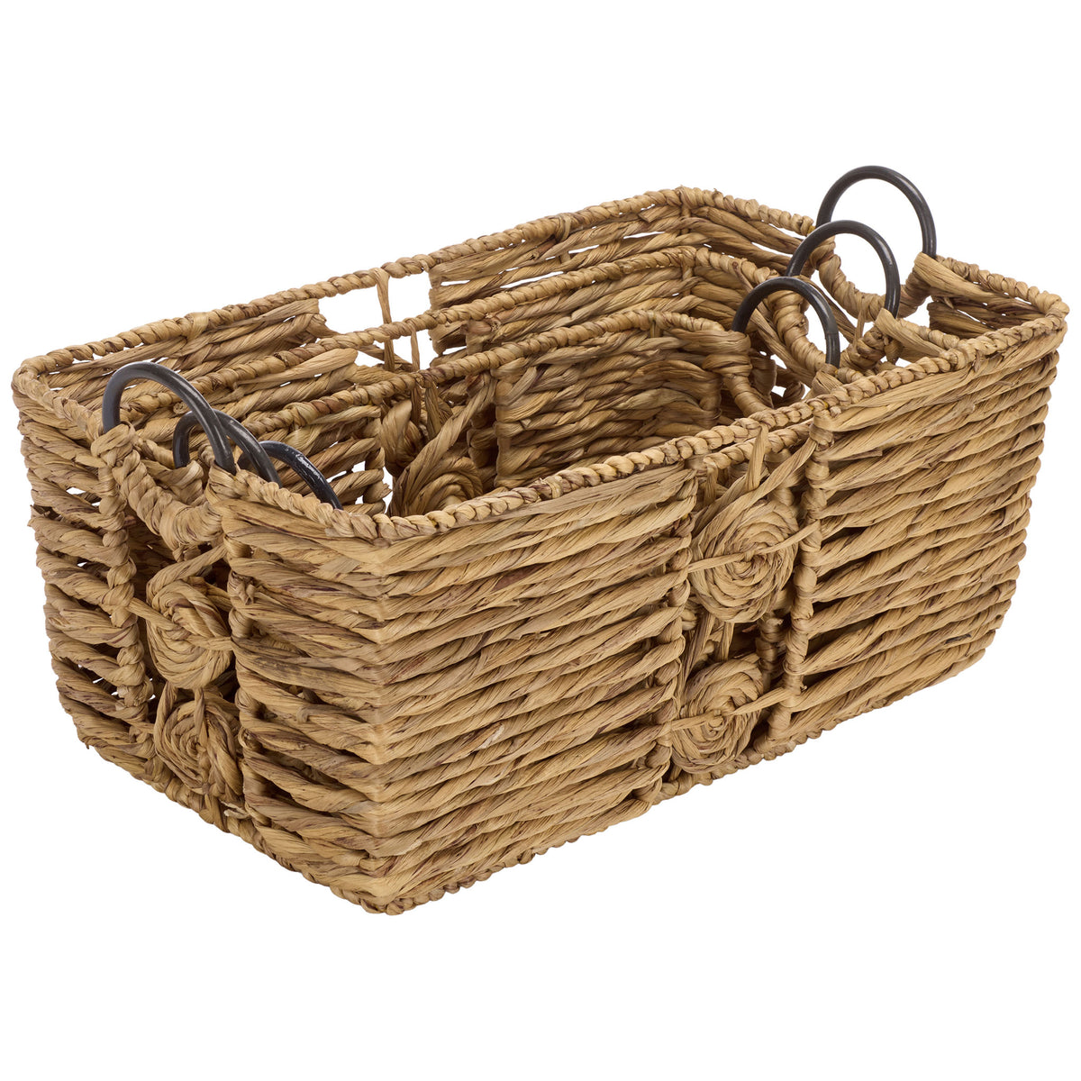 Nested baskets combine space-saving storage with braided rims and dark metal ring handles. || STG1830A-SET3 || front_angle_studio
