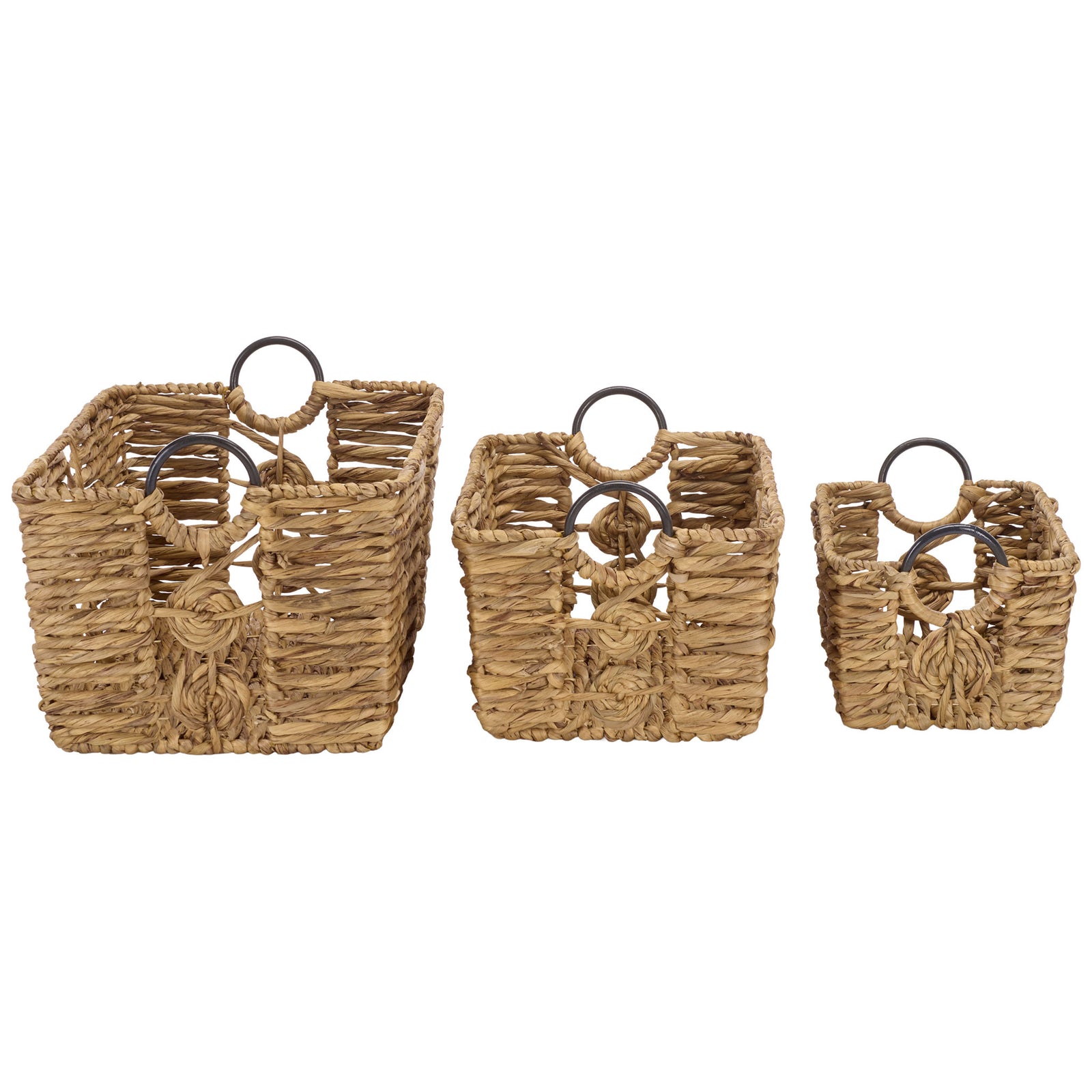 Small, medium, and large baskets share decorative woven circles and curved metal handles. || STG1830A-SET3 || side_studio
