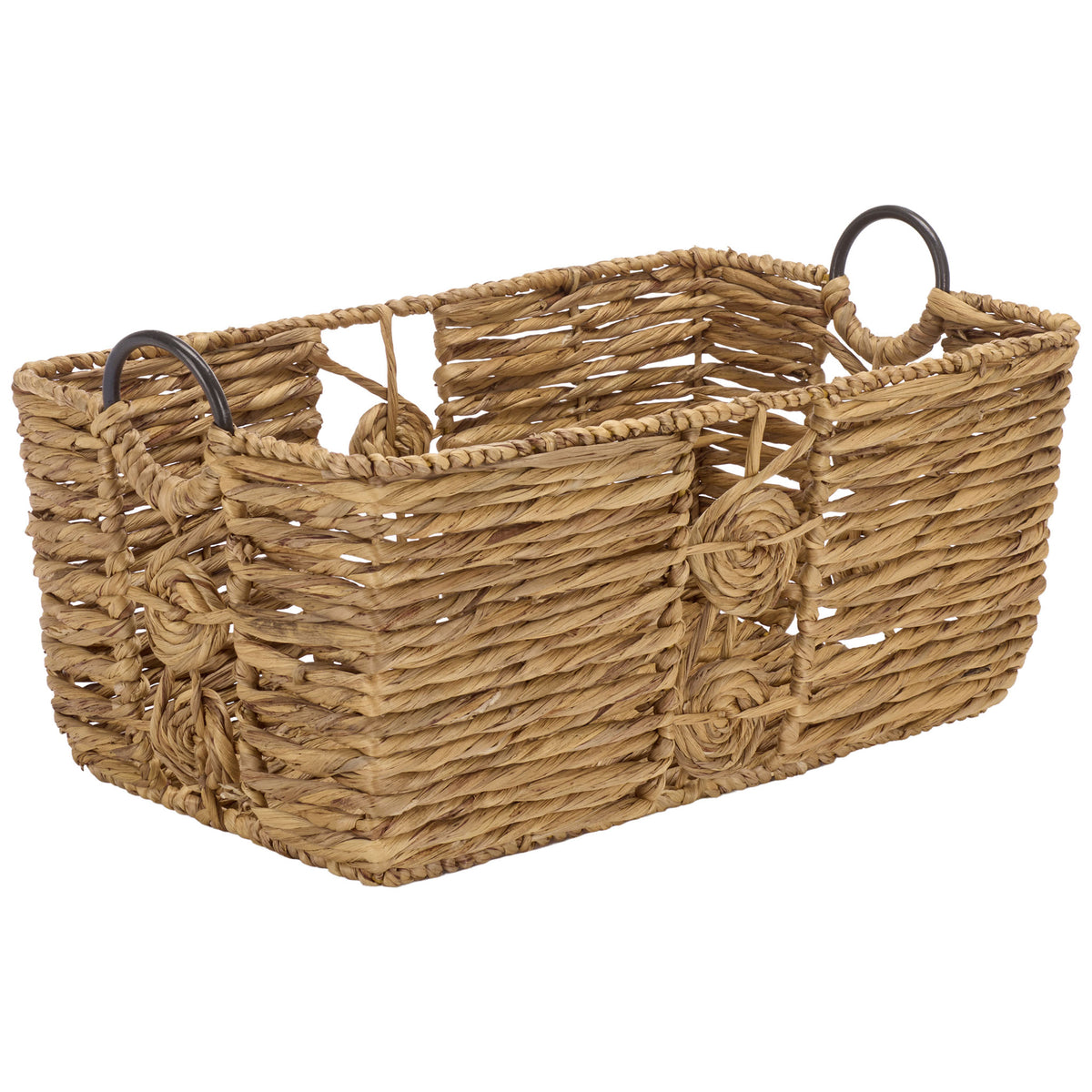 An open-top basket pairs natural woven walls with circular accents and dark metal ring handles. || STG1830A-SET3 || front_angle_partial_studio