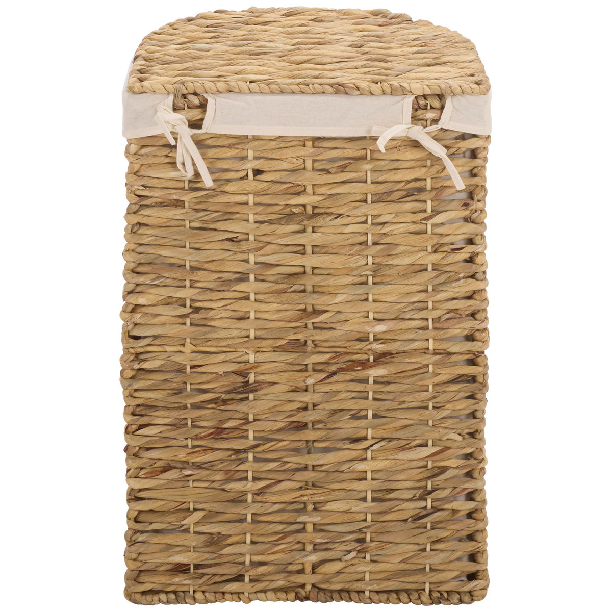 Ivory fabric ties secure the lid against a neatly woven water hyacinth basket. || STG1831A-SET2 || back_partial_studio