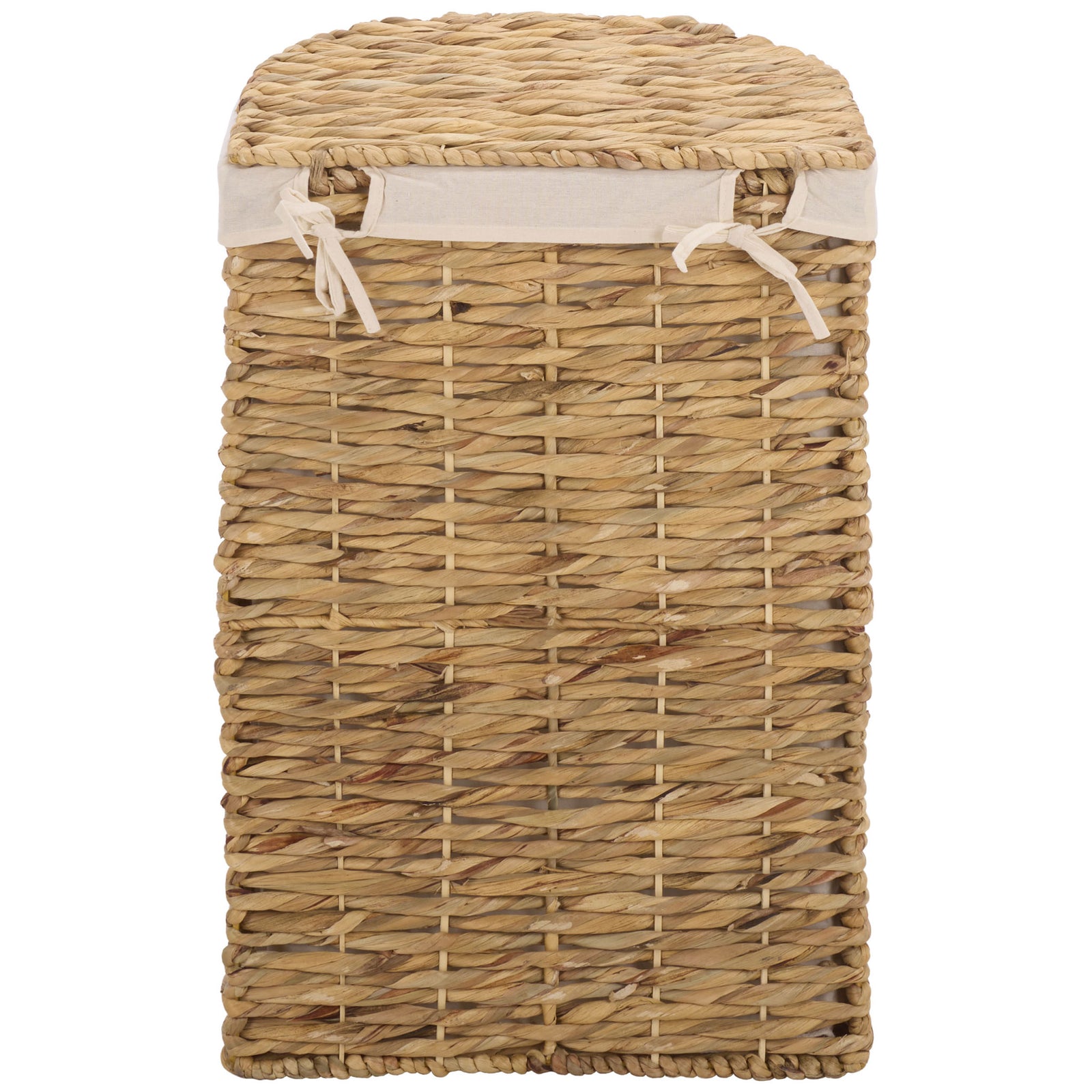 Ivory fabric ties secure the lid against a neatly woven water hyacinth basket. || STG1831A-SET2 || back_partial_studio