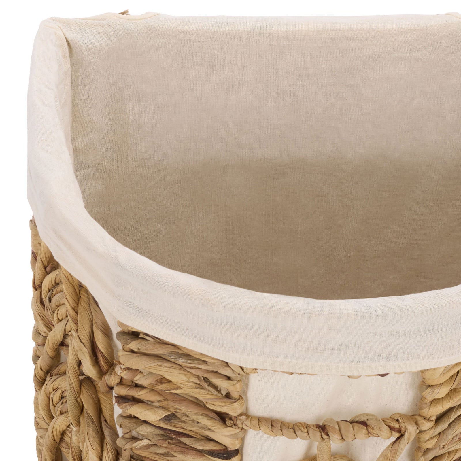 A roomy ivory linen interior offers gentle storage inside the natural woven basket. || STG1831A-SET2 || storage_open_studio