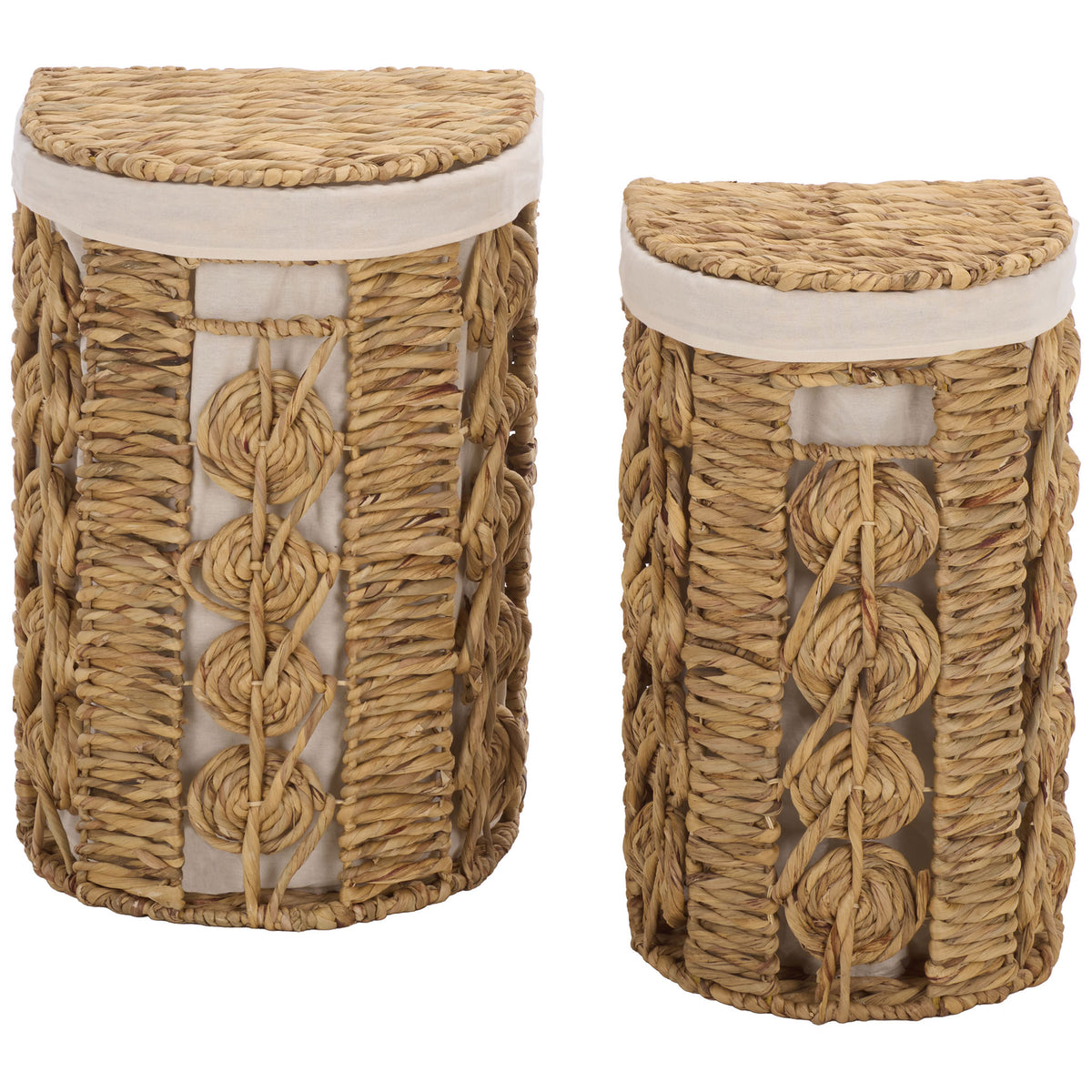 Two graduated baskets bring warm natural weaving, soft linen trim, and braided details to storage. || STG1831A-SET2 || front_studio