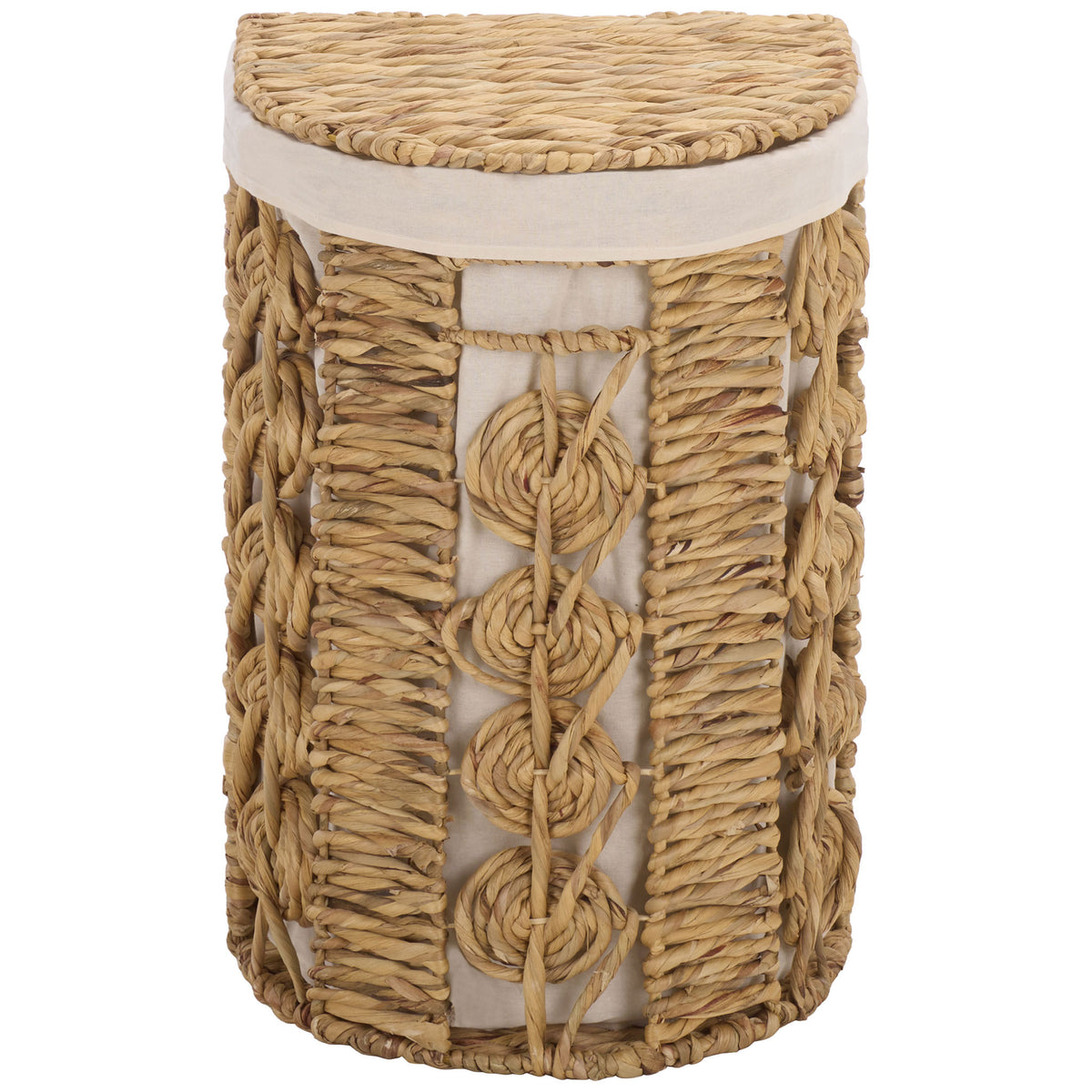 A tall woven basket pairs a rounded lid with intricate braided knots and ivory trim. || STG1831A-SET2 || front_partial_studio