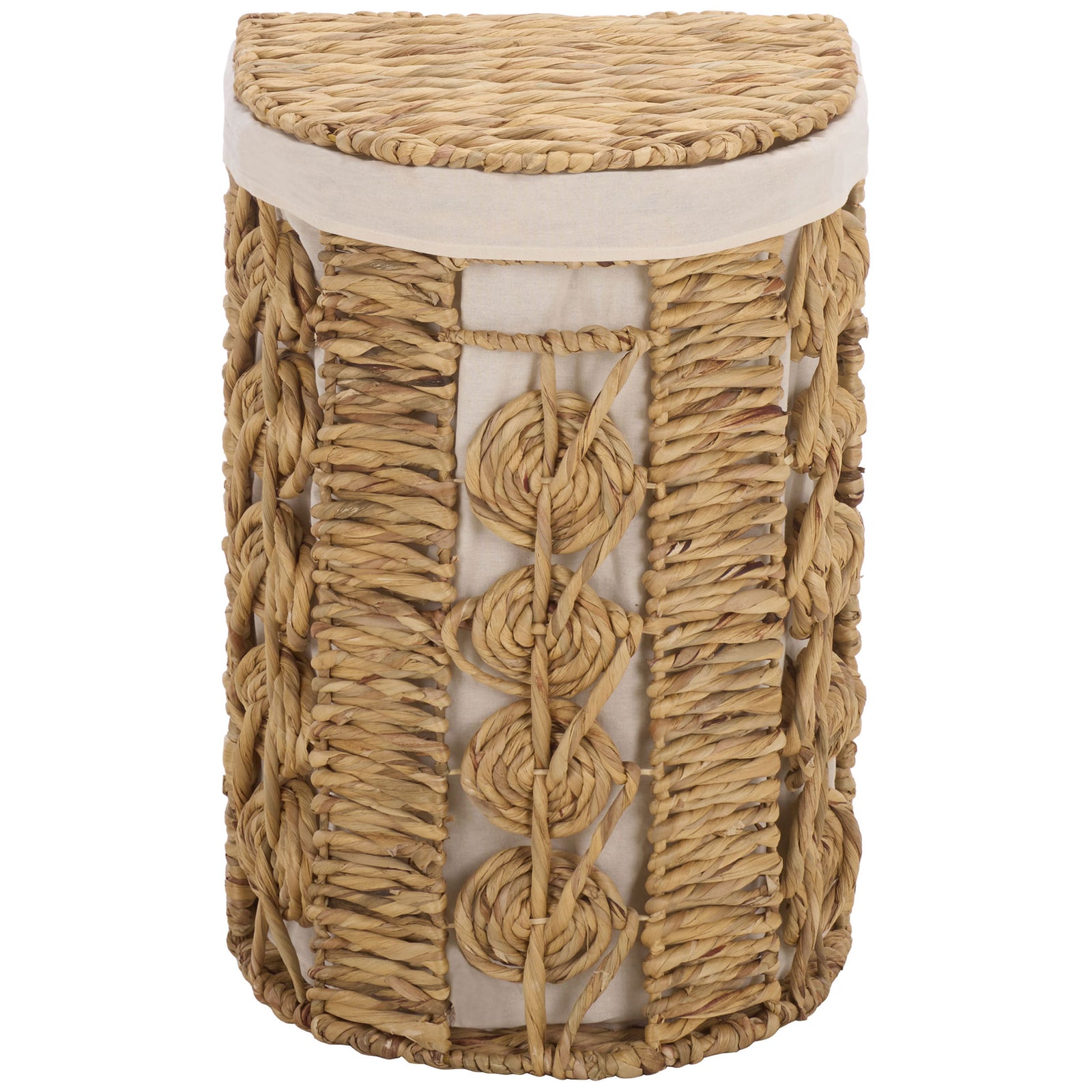 A tall woven basket pairs a rounded lid with intricate braided knots and ivory trim. || STG1831A-SET2 || front_partial_studio