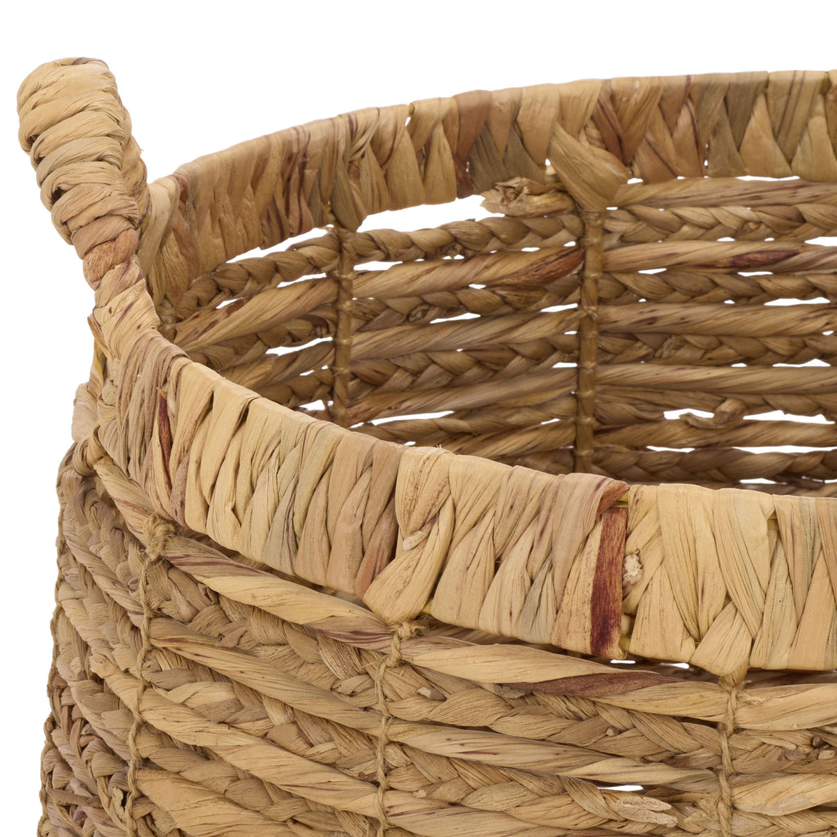 Thick natural fibers wrap the rim above an airy woven basket body. || STG1832A-SET2 || detail_studio