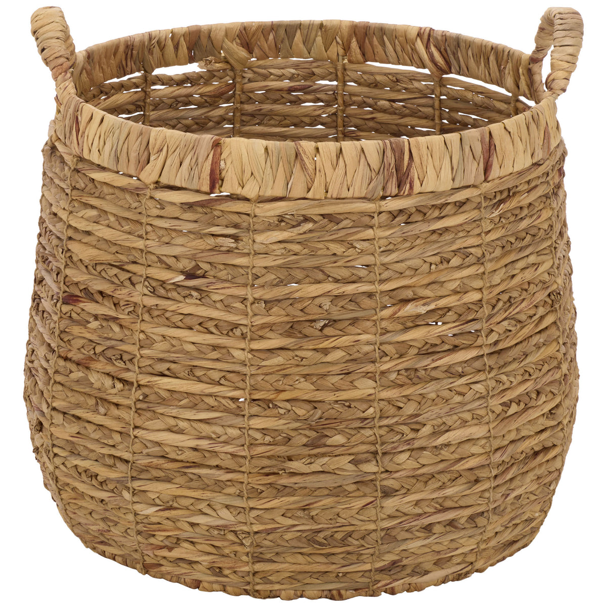 A generously sized woven basket features a rounded body, wrapped rim, and sturdy loop handles. || STG1832A-SET2 || front_partial_studio