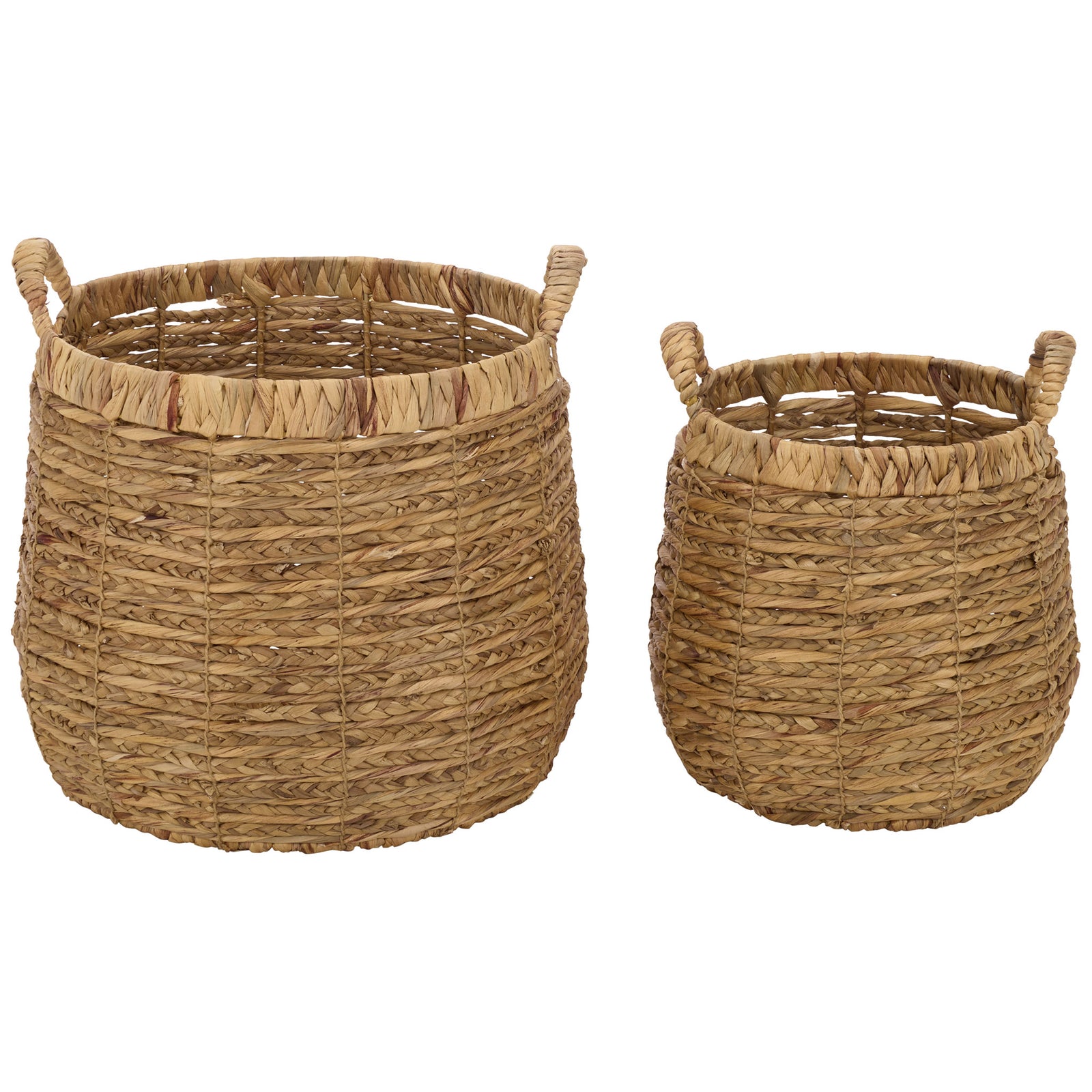 Large and small water hyacinth baskets pair warm natural texture with rounded, roomy storage. || STG1832A-SET2 || front_studio