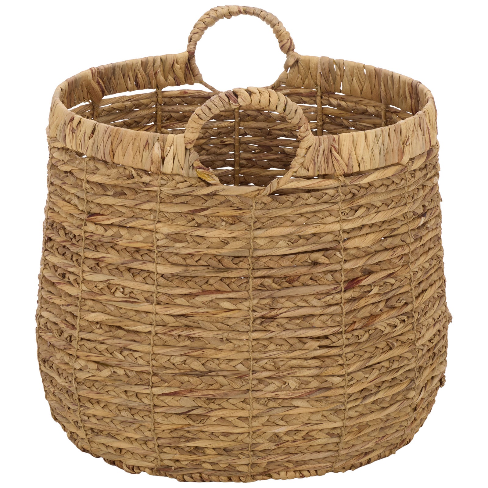 Natural-fiber weaving surrounds a roomy basket finished with a raised loop handle and wrapped rim. || STG1832A-SET2 || side_partial_studio