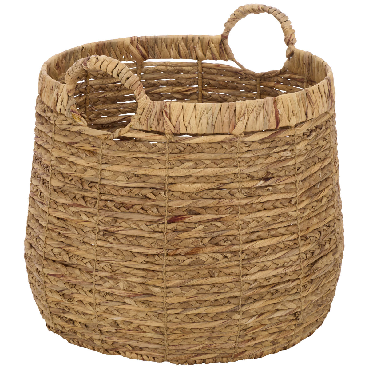A rounded woven basket combines organic texture with wrapped loop handles. || STG1832A-SET2 || front_angle_partial_studio