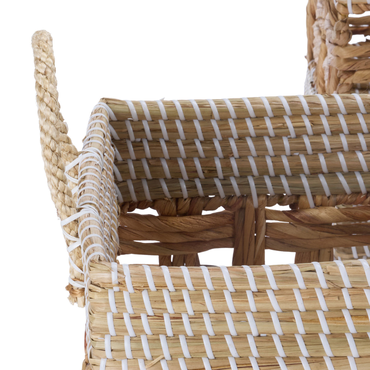 Handwoven storage baskets feature sturdy rope handles and a mixed natural weave with white accents || STG1834A-SET3 || detail_studio