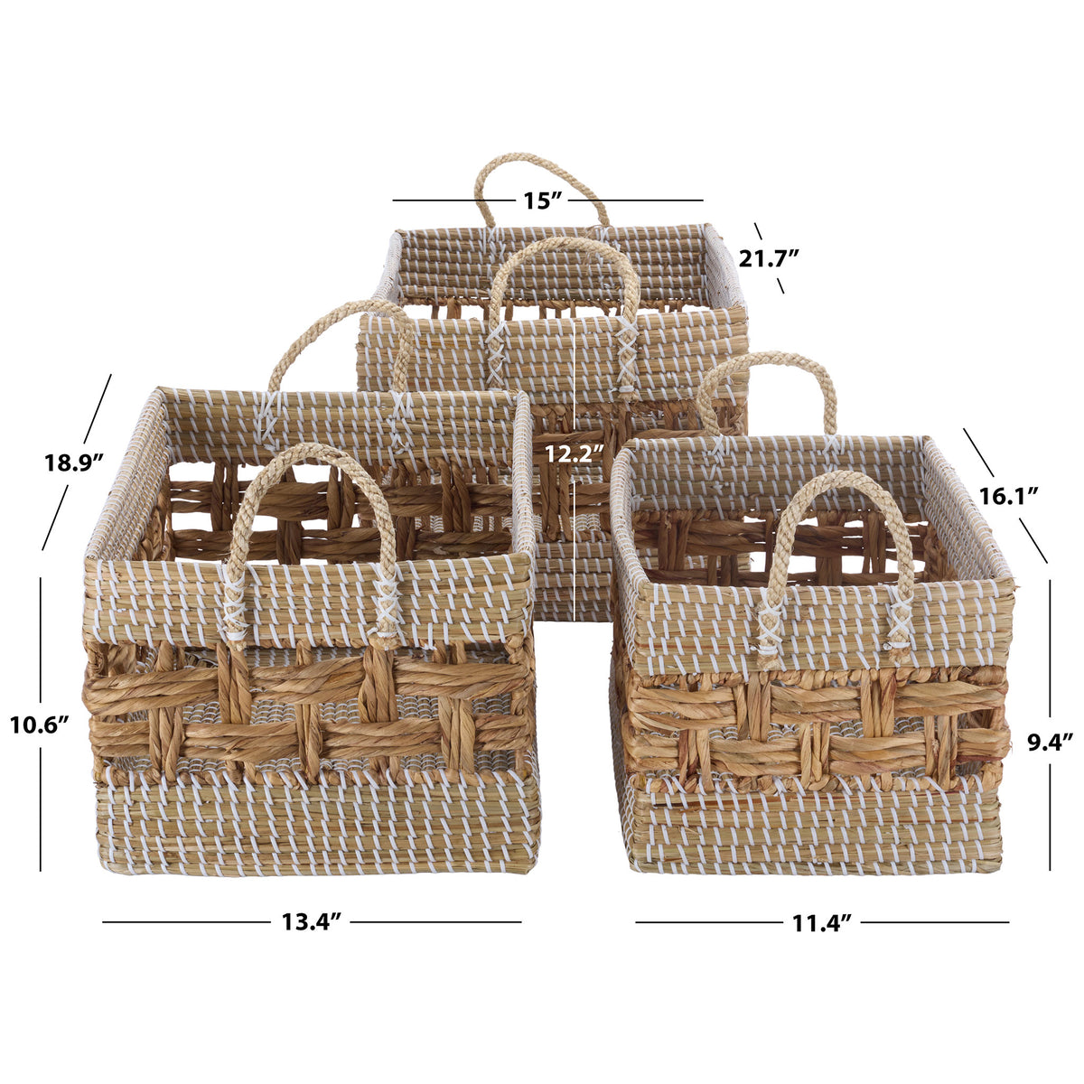 Three handwoven storage baskets include graduated sizes and easy-carry rope handles || STG1834A-SET3 || dimension_studio