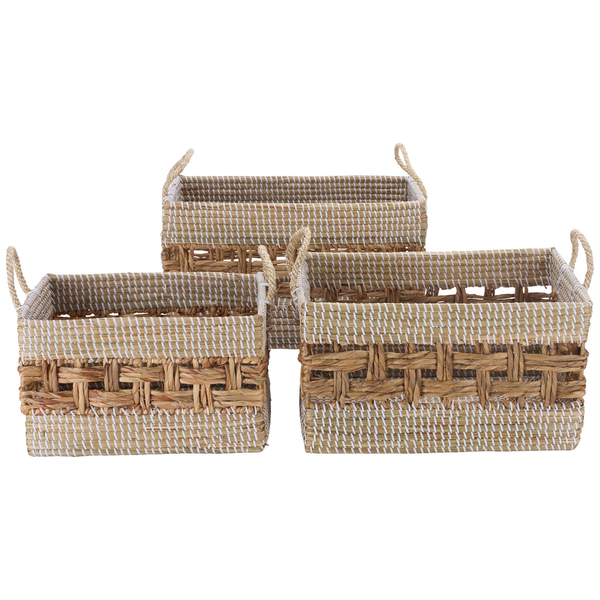 Set of three woven storage baskets offers airy open sides, white wrapped trim, and rope handles || STG1834A-SET3 || front_studio