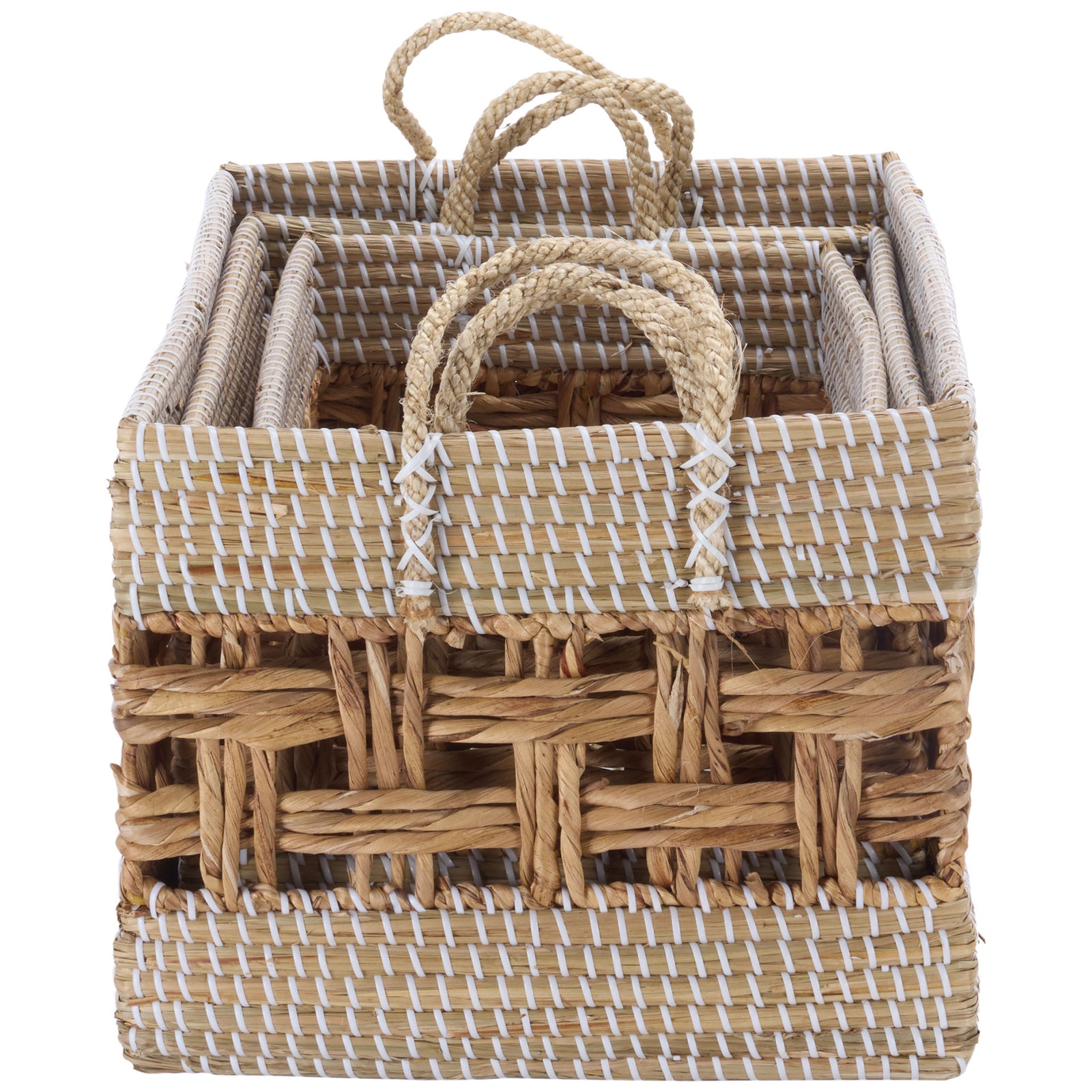 Nested woven storage baskets combine natural texture, open lattice sides, and soft rope handles || STG1834A-SET3 || side_studio