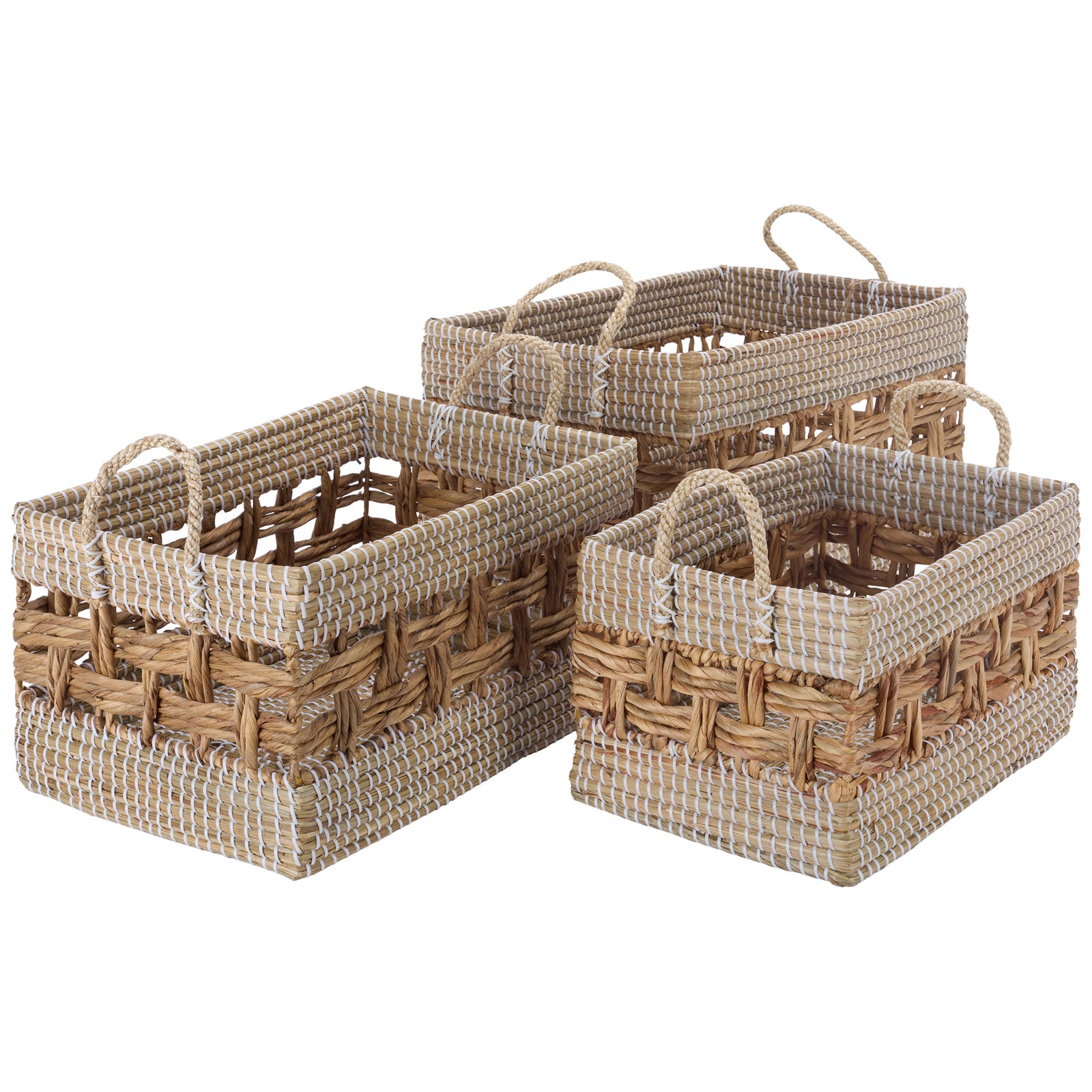 Three woven storage baskets show a dimensional profile with airy sides and softly wrapped top edges || STG1834A-SET3 || front_angle_studio