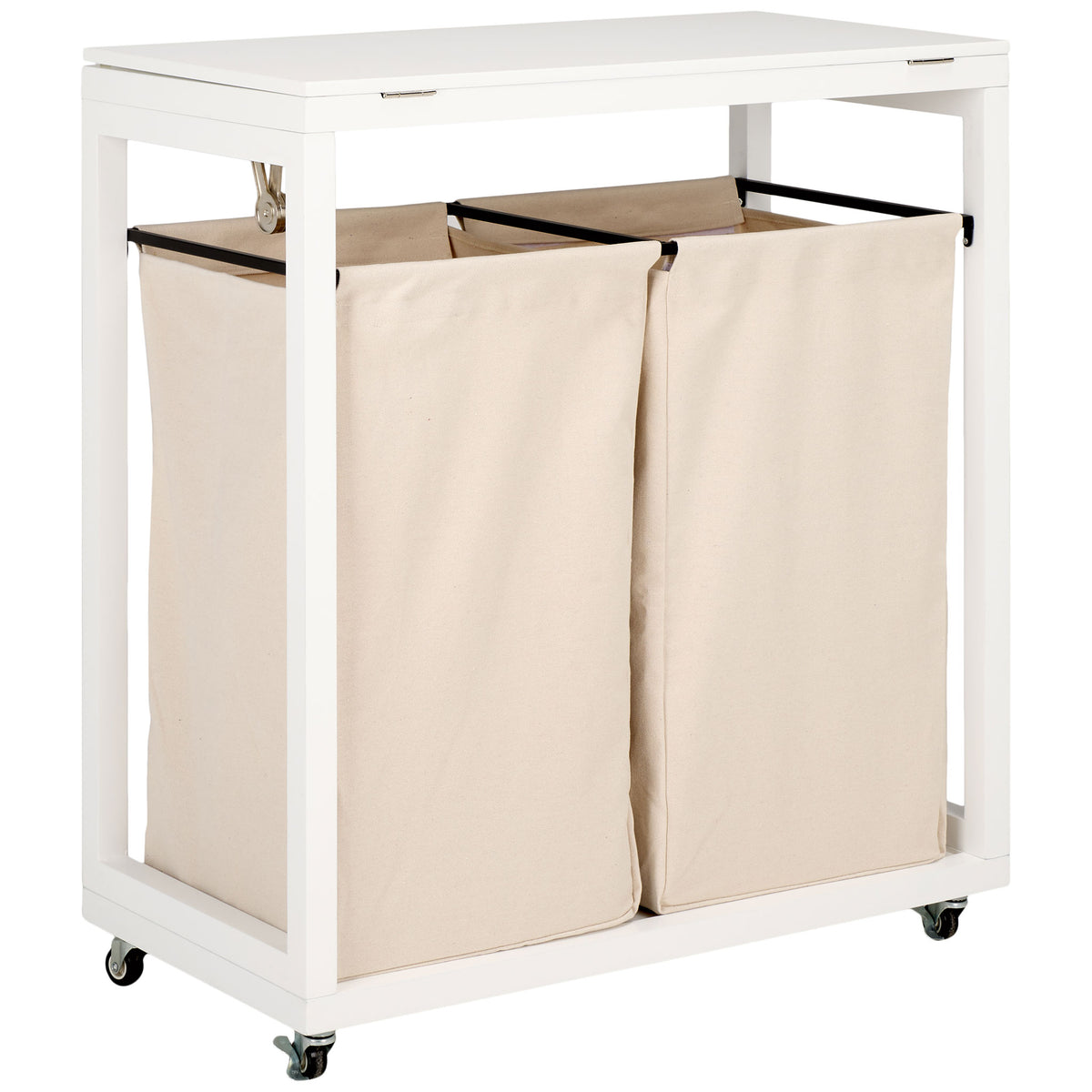 Open-top beige laundry bags hang from slim black rails inside a crisp white rolling frame. || STG1900A || back_angle_studio
