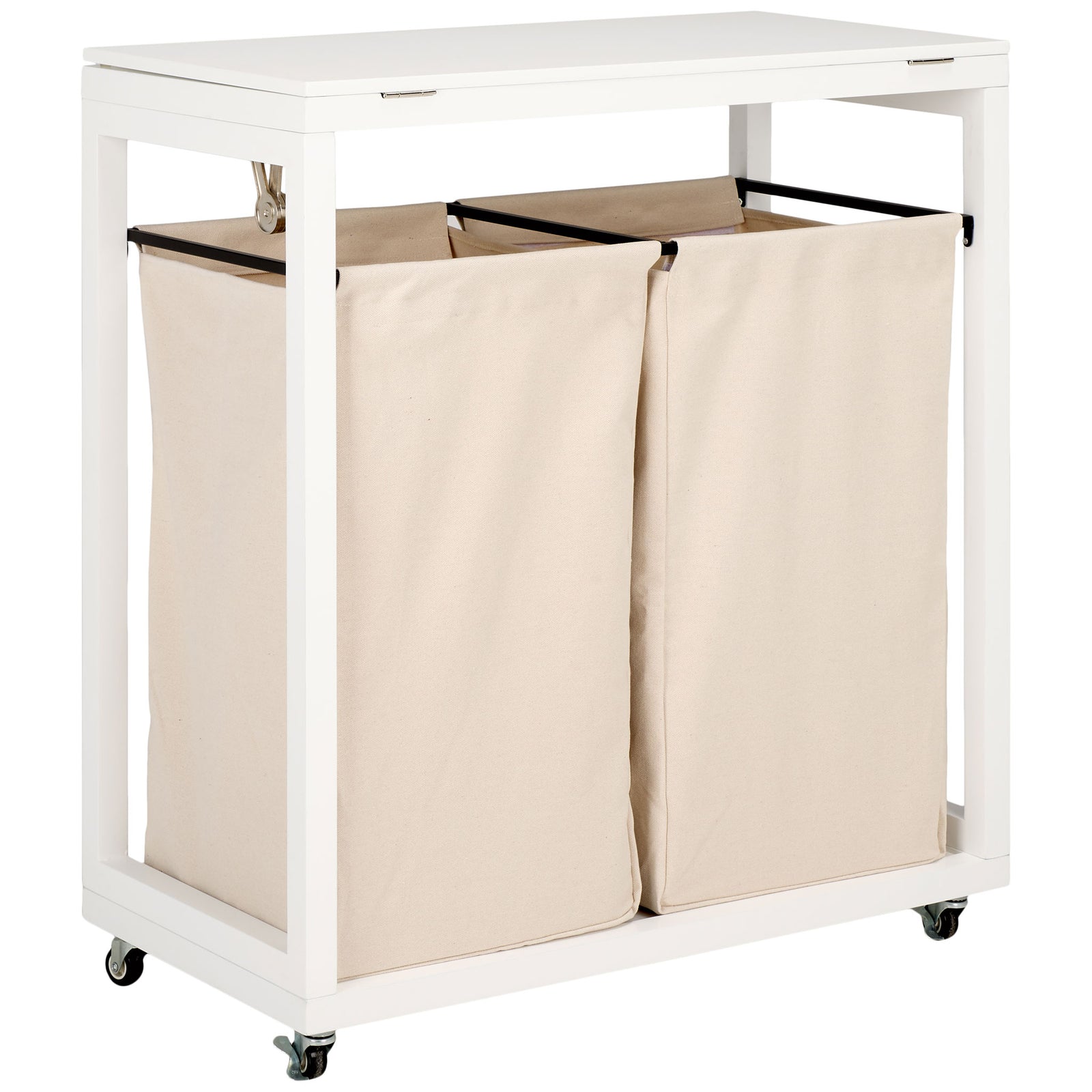Open-top beige laundry bags hang from slim black rails inside a crisp white rolling frame. || STG1900A || back_angle_studio
