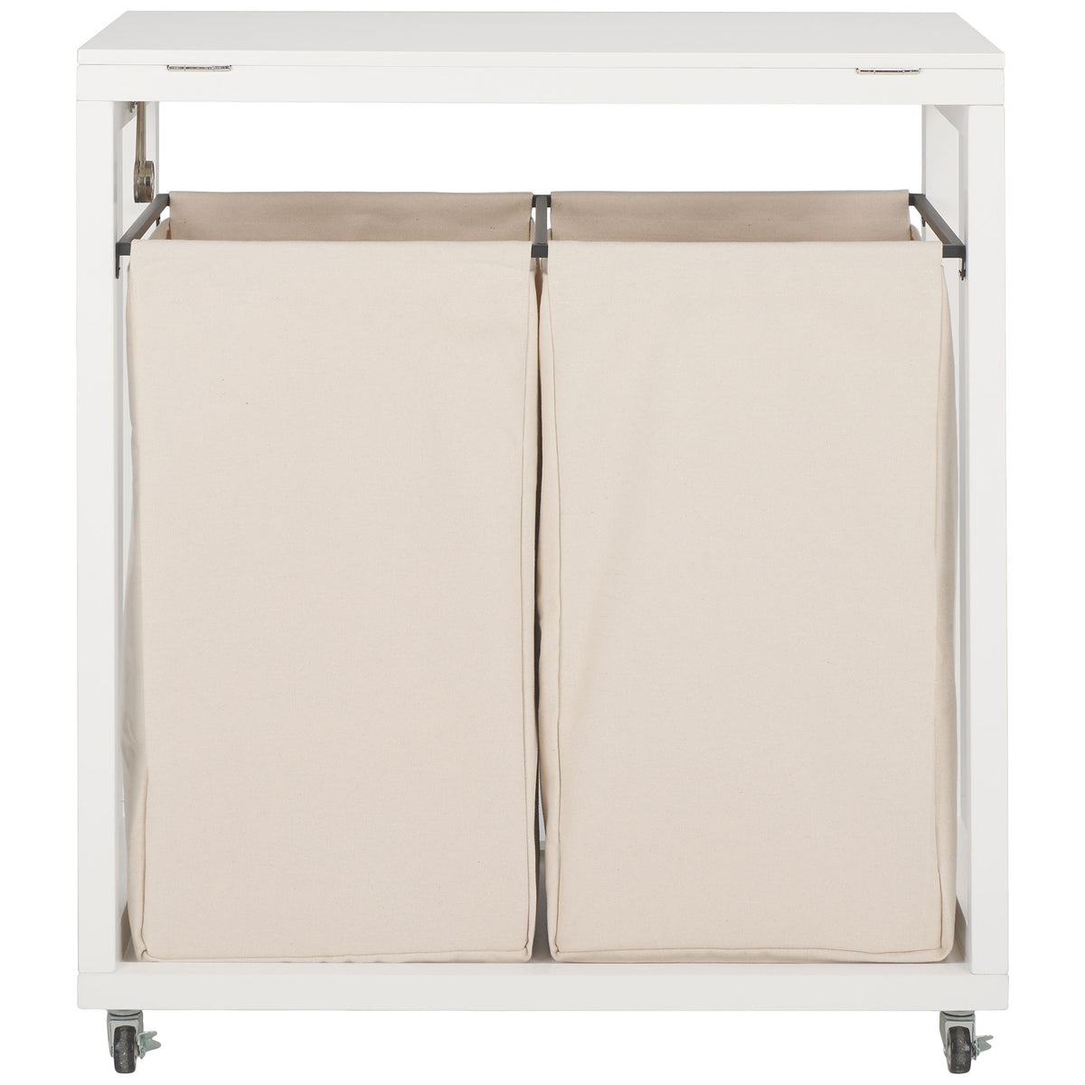 Two beige fabric hampers nest in a white frame beneath a flat lid, with casters for easy movement. || STG1900A || back_studio