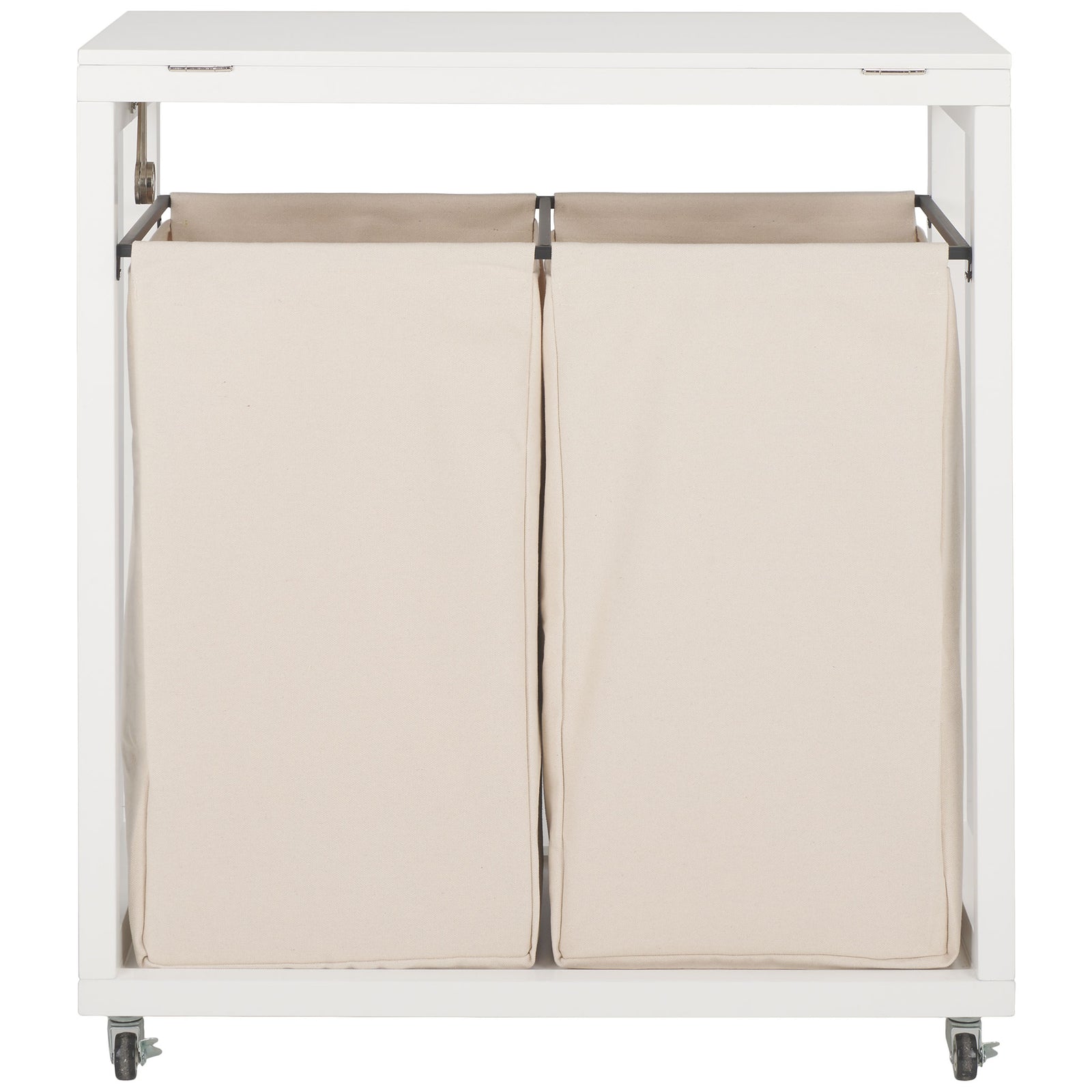 Two beige fabric hampers nest in a white frame beneath a flat lid, with casters for easy movement. || STG1900A || back_studio