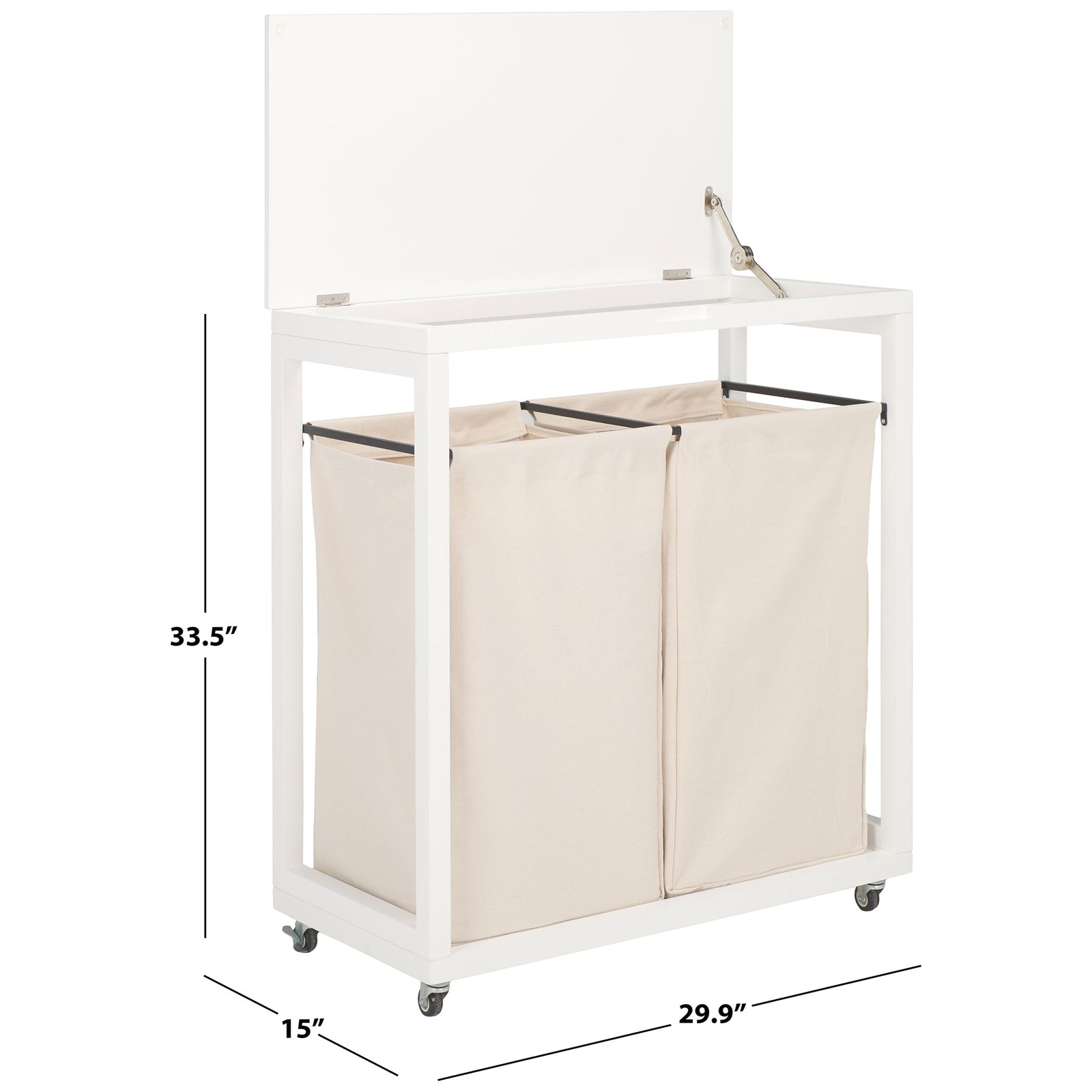A two-bin rolling hamper measures 29.9 inches wide, 15 inches deep, and 33.5 inches high. || STG1900A || dimension_studio