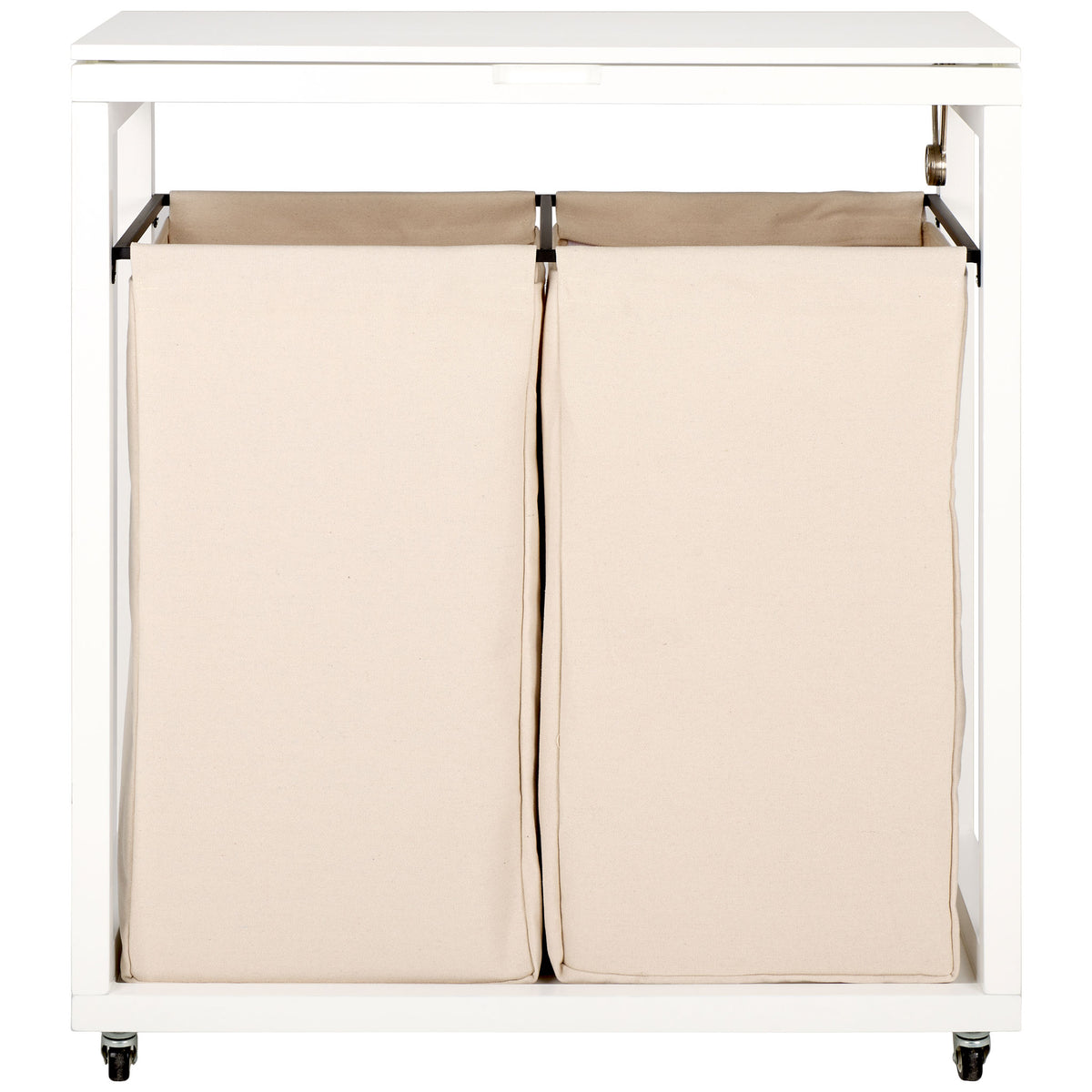 Two beige fabric bags separate laundry under a smooth white lid, while casters make moving simple. || STG1900A || front_studio
