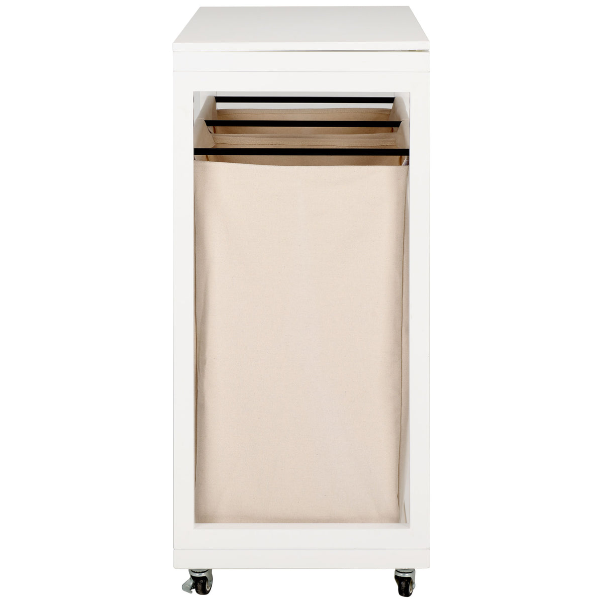 A slim white frame surrounds a deep beige fabric hamper, with caster wheels below and black support rails above. || STG1900A || side_studio