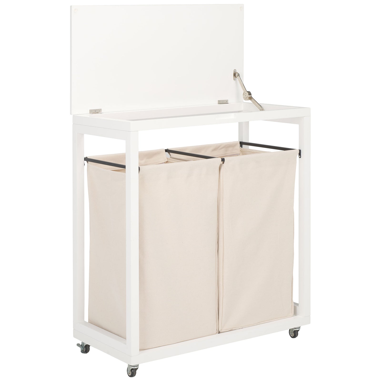 The raised white lid offers easy access to two beige fabric hampers within a rolling frame. || STG1900A || front_angle_open_studio