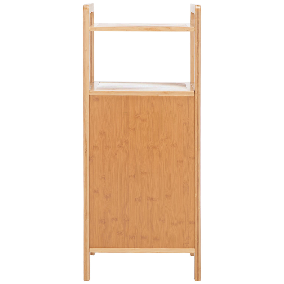 A smooth bamboo back gives this slim laundry hamper a clean finish beneath two open shelves || STG1903A || back_studio