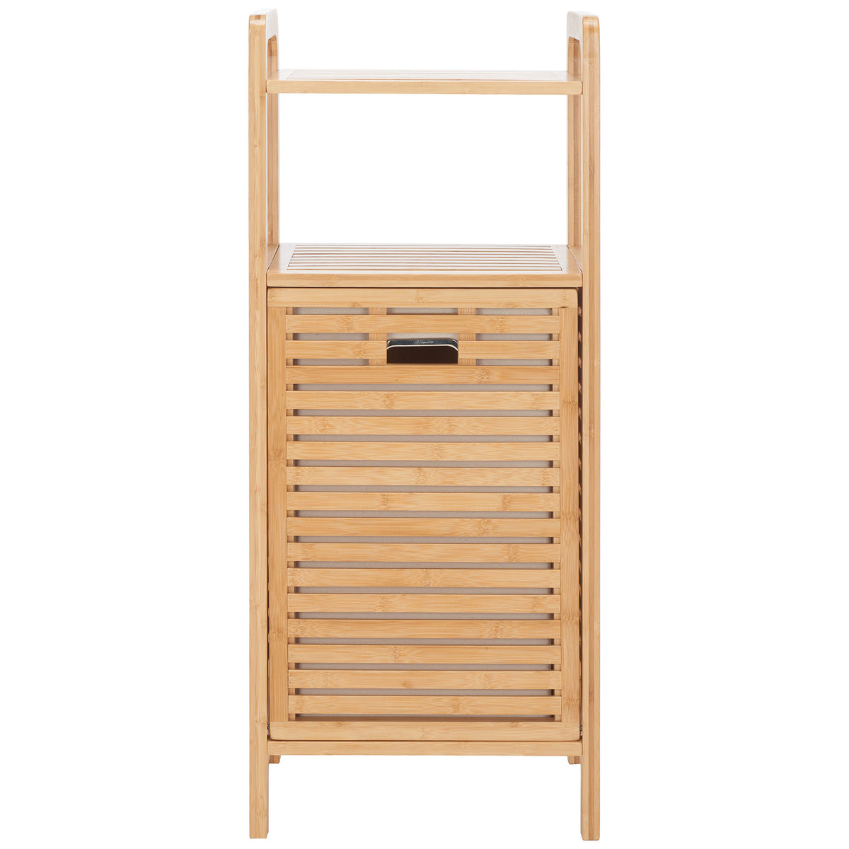 A slatted bamboo hamper keeps laundry out of sight below two shelves for towels and supplies || STG1903A || front_studio