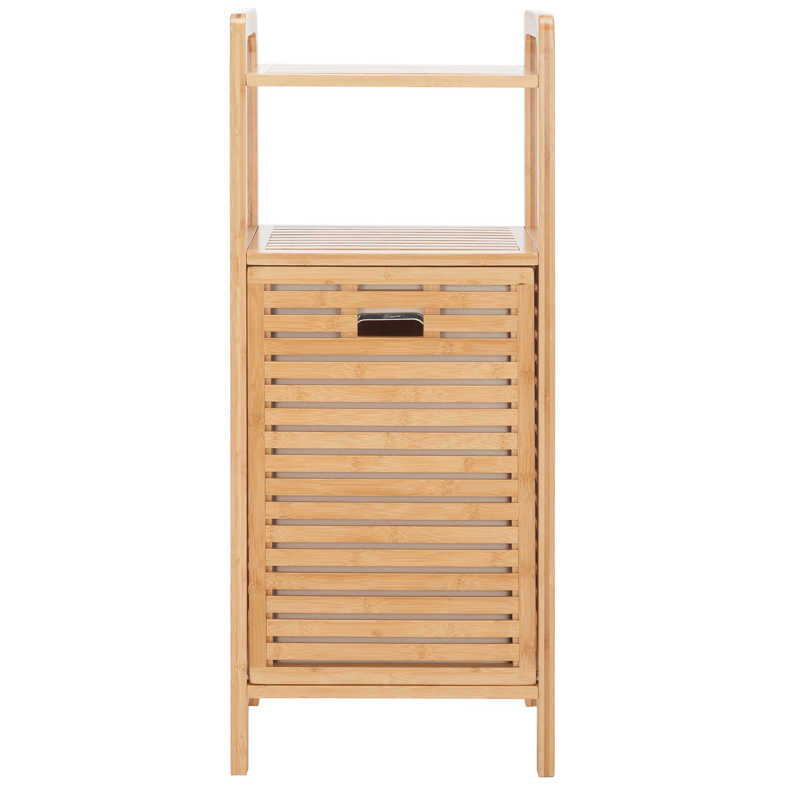 A slatted bamboo hamper keeps laundry out of sight below two shelves for towels and supplies || STG1903A || front_studio
