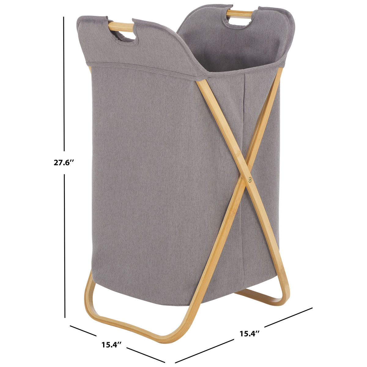 The gray linen laundry basket stands 27.6 inches high on a 15.4-inch-square base.