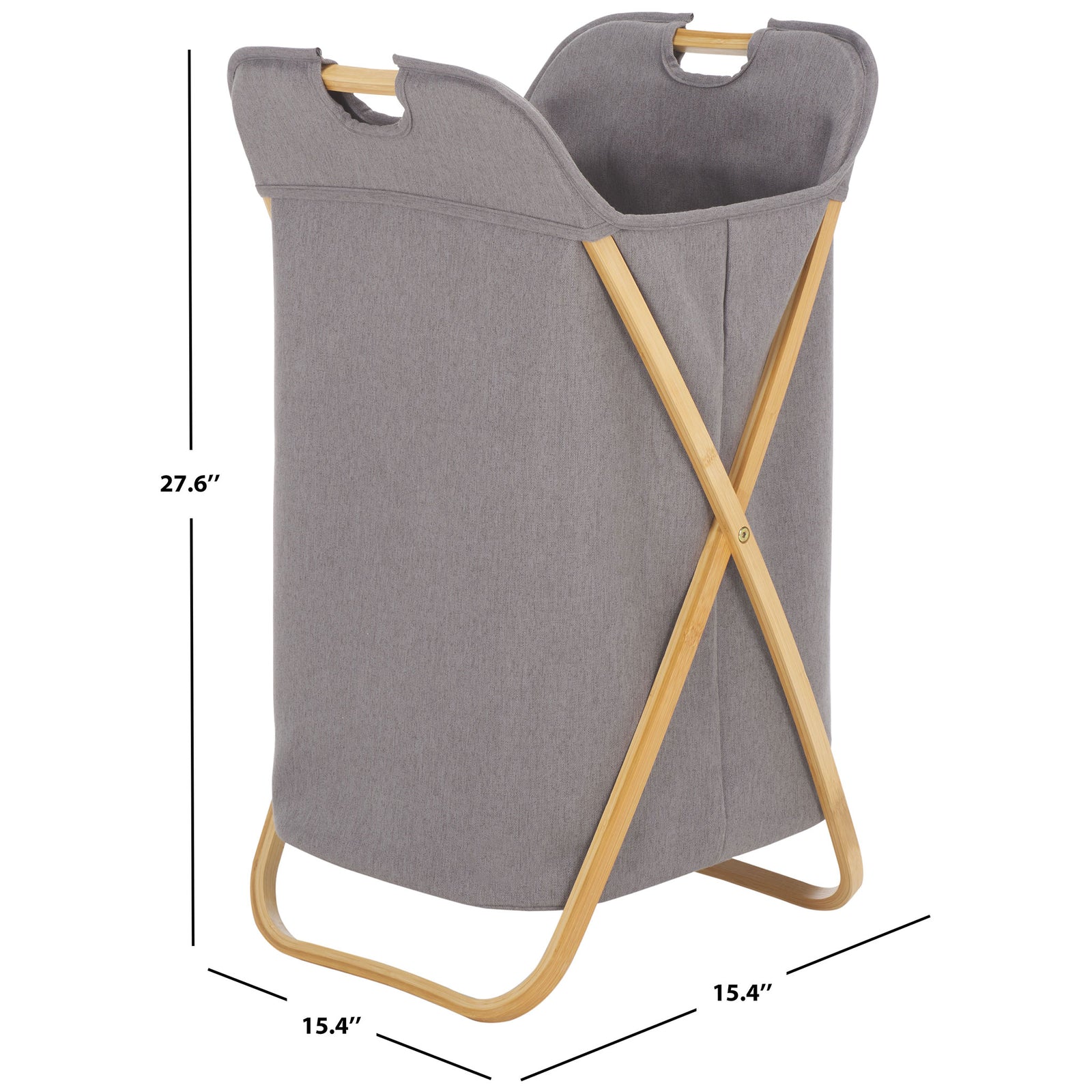 The gray linen laundry basket stands 27.6 inches high on a 15.4-inch-square base. || STG1906A || dimension_studio