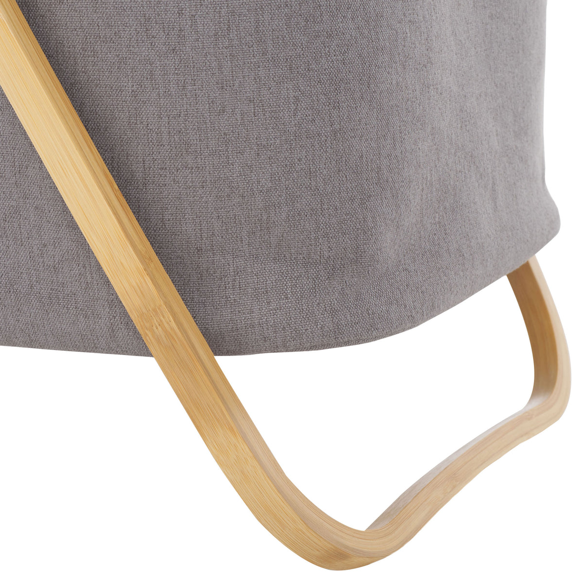 Curved natural bamboo legs form a smoothly rounded base beneath the gray fabric basket. || STG1906A || leg_studio