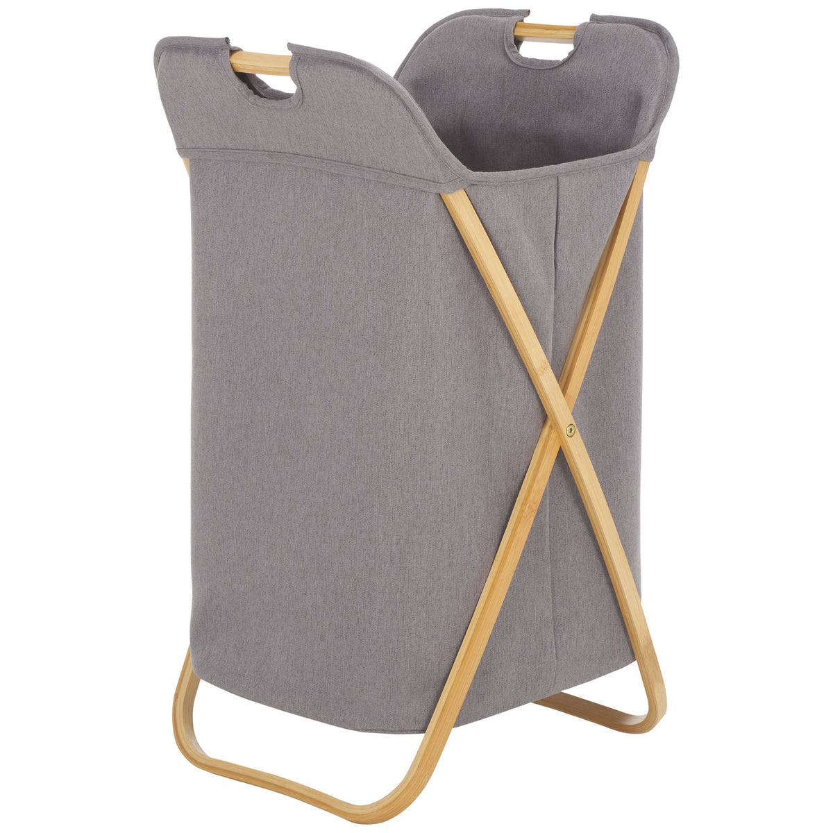 The roomy gray linen basket pairs an open top with a folding bamboo X-frame. || STG1906A || front_angle_studio