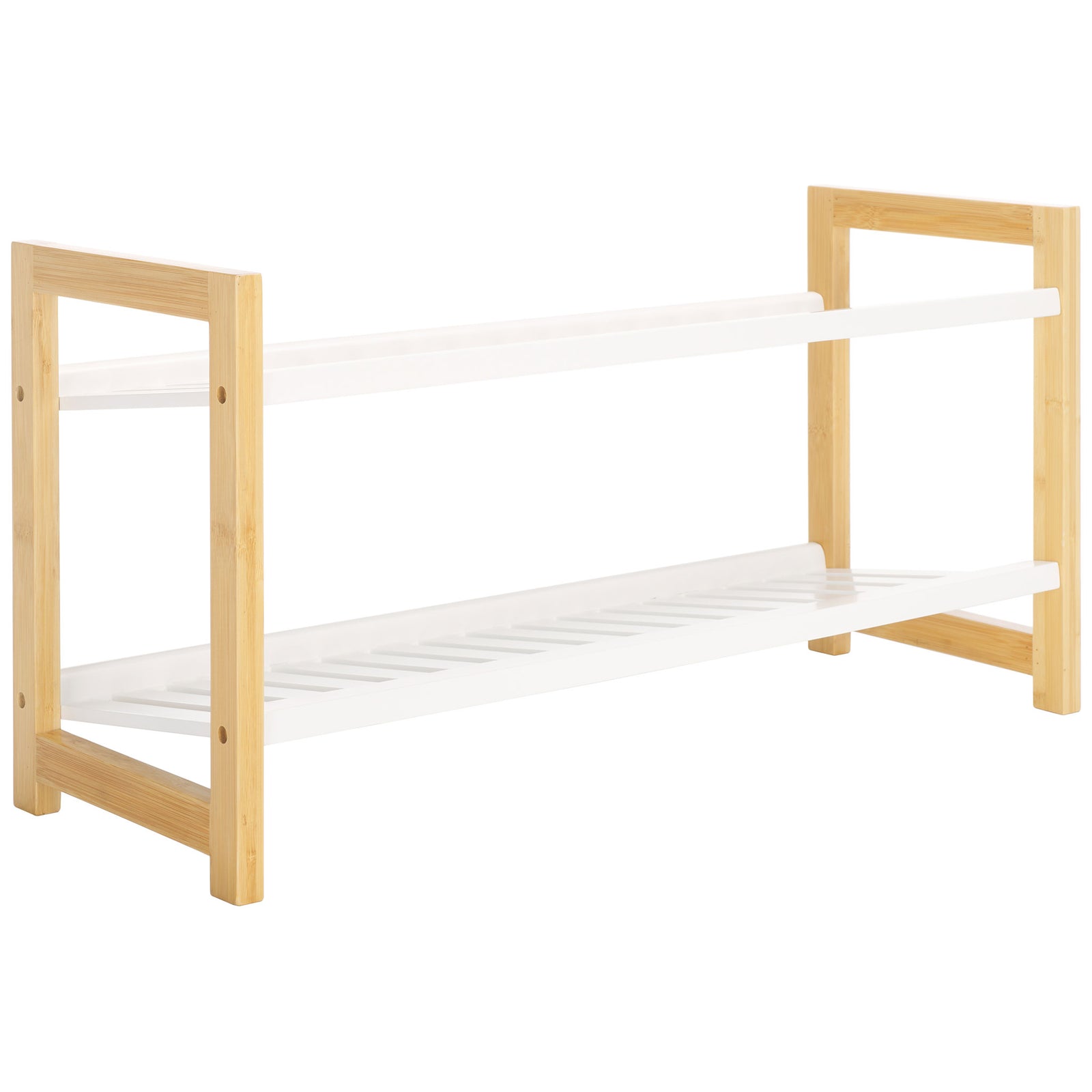 Bamboo end frames support white slatted shelves and slim crossbars for organized shoe storage. || STG1909A || back_angle_studio