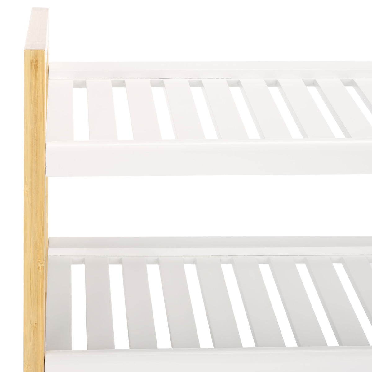 White slatted shelves pair with a natural bamboo frame to keep shoes ventilated. || STG1909A || detail_studio