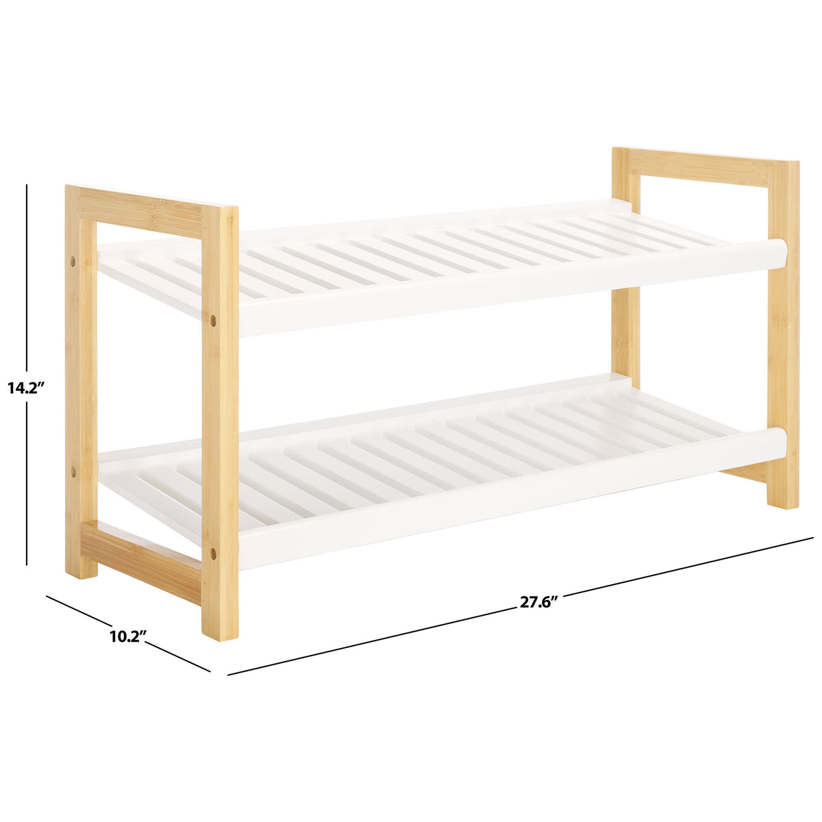A 27.6-inch-wide bamboo shoe rack offers two white slatted shelves in a compact footprint. || STG1909A || dimension_studio