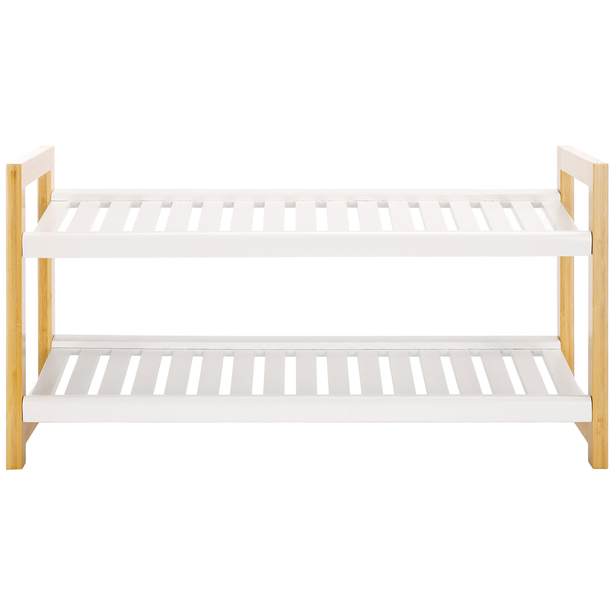 Two white slatted tiers and natural bamboo ends provide breathable storage for everyday footwear. || STG1909A || front_studio