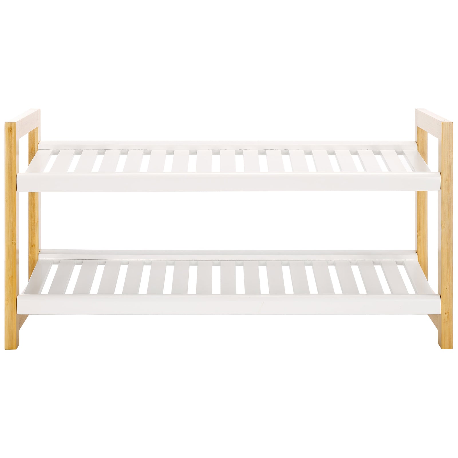 Two white slatted tiers and natural bamboo ends provide breathable storage for everyday footwear. || STG1909A || front_studio