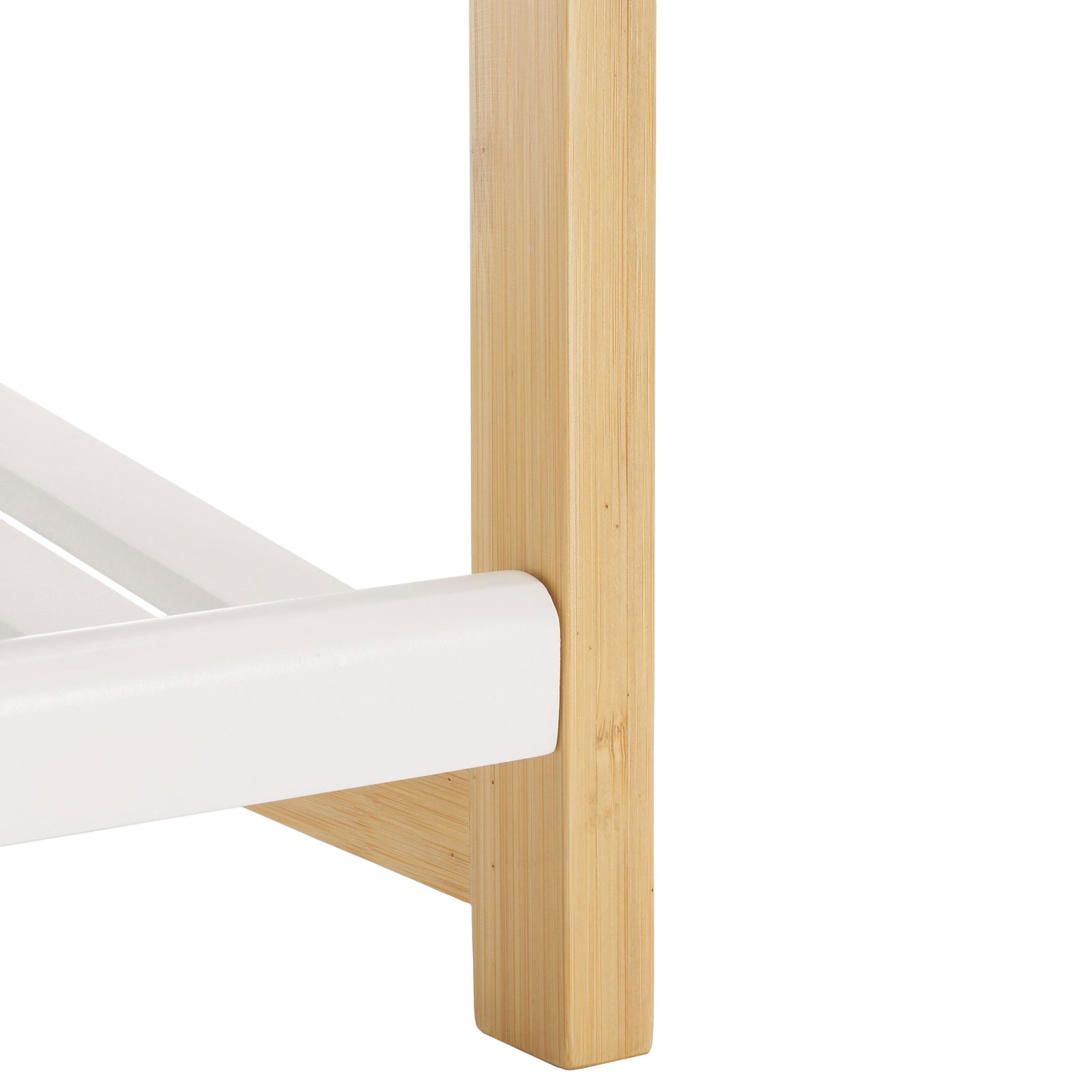 A natural bamboo leg and lower brace support the smooth white shelf rail. || STG1909A || leg_studio
