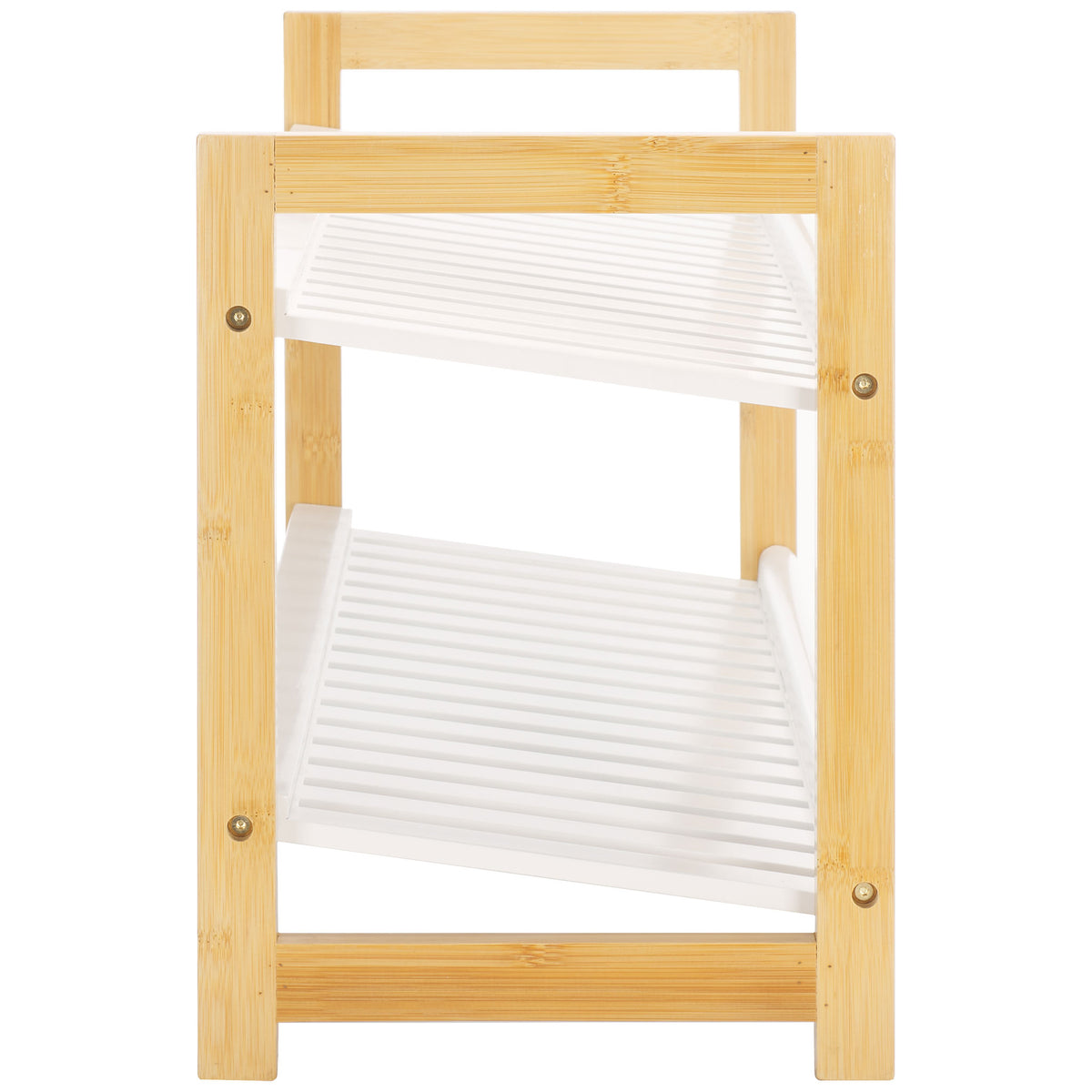 Natural bamboo side supports and crossbars hold two ventilated white shoe shelves. || STG1909A || side_studio