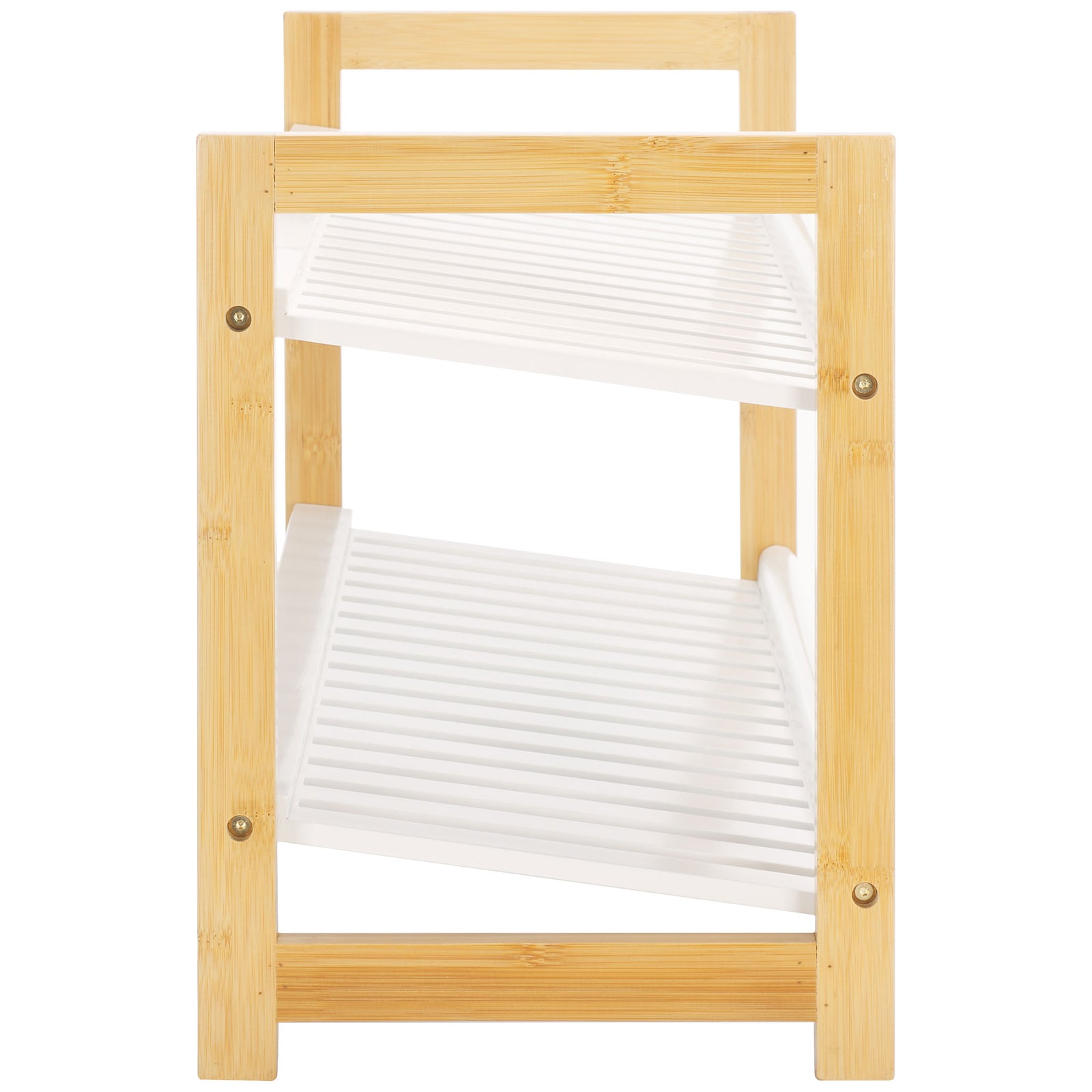 Natural bamboo side supports and crossbars hold two ventilated white shoe shelves. || STG1909A || side_studio