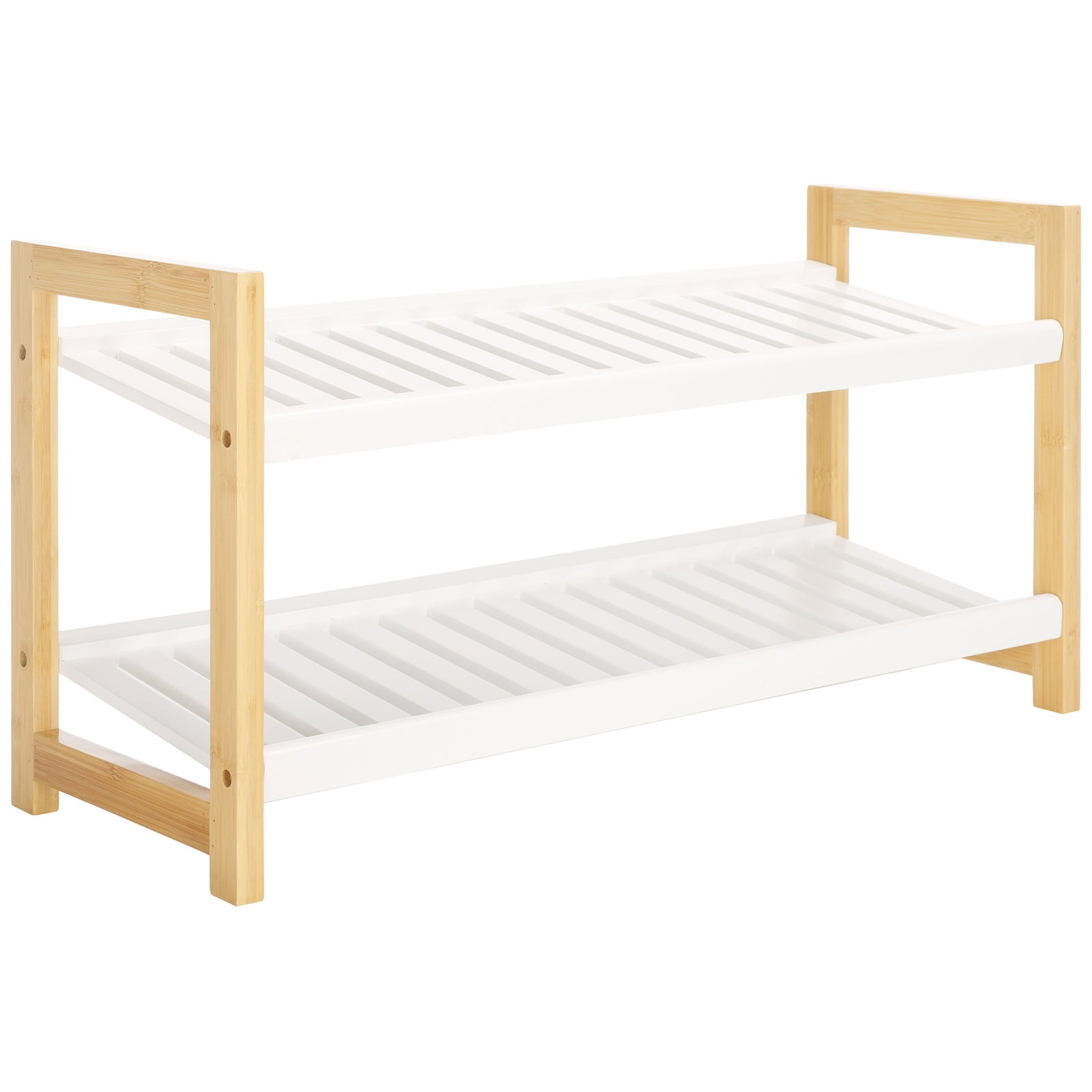 Airy white slatted shelves stretch between bamboo end frames for easy-to-access shoe storage. || STG1909A || front_angle_studio