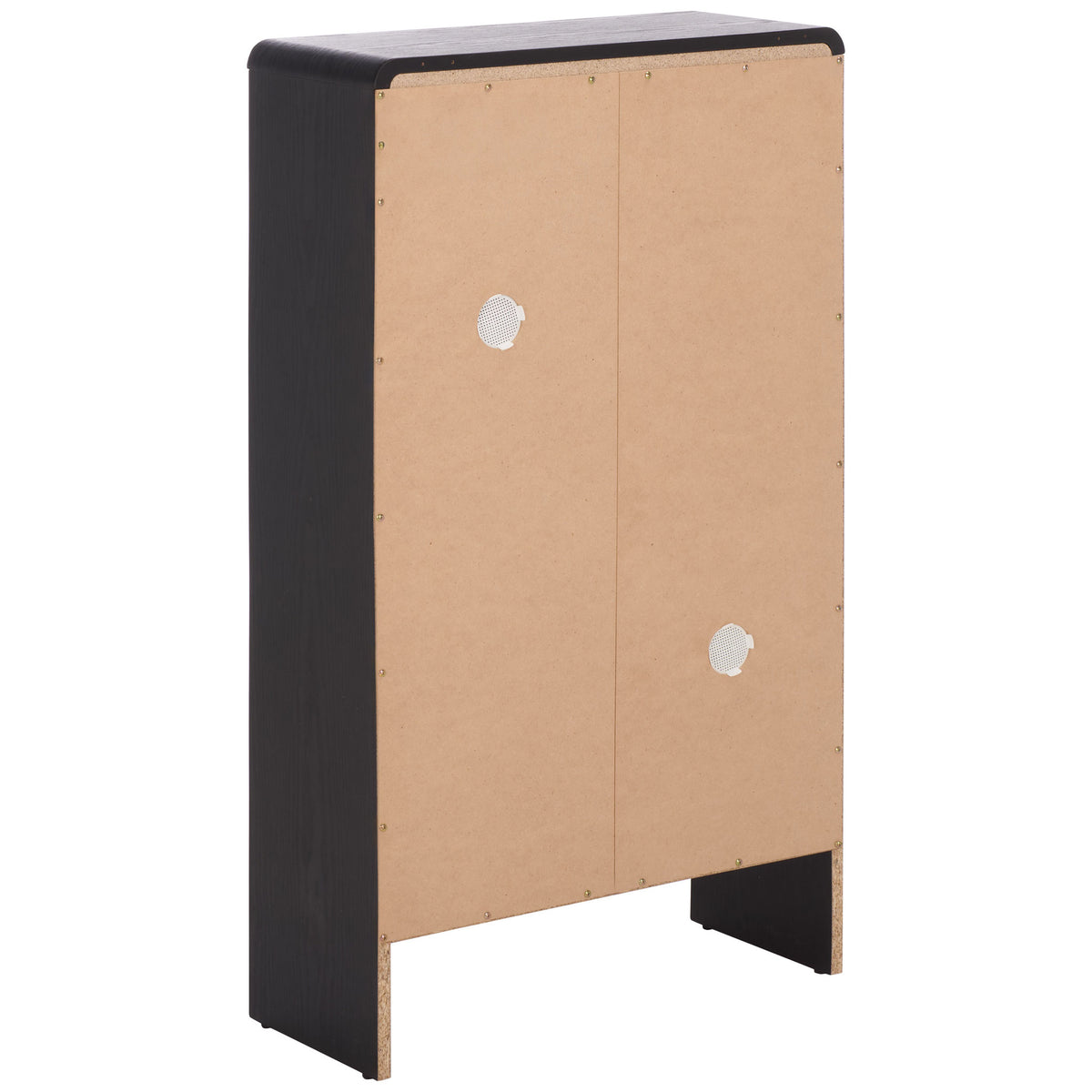A black wood-grain side and gently rounded top frame the shoe cabinet's vented back panel. || STG3100B || back_angle_studio