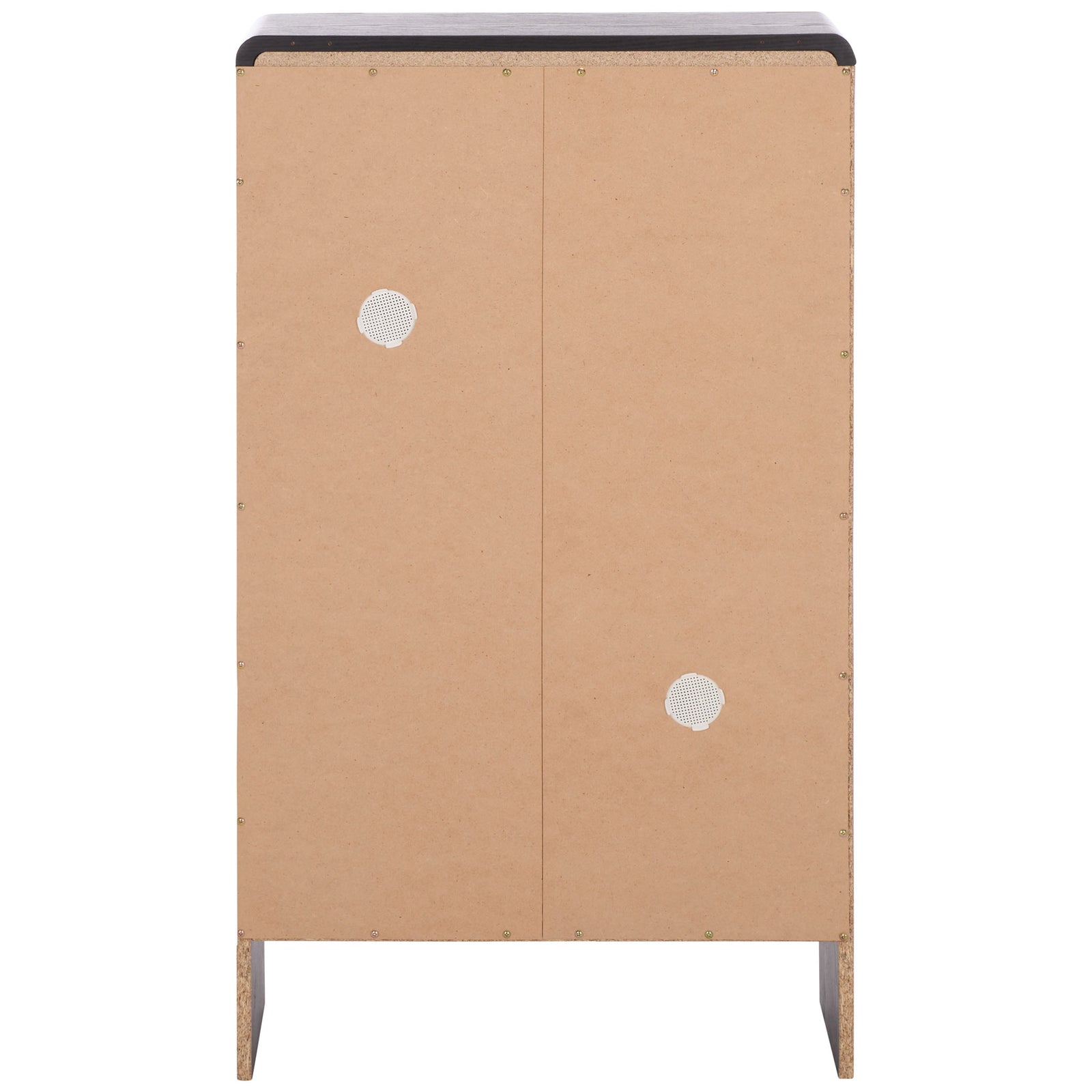 A slim black shoe cabinet has a natural-toned rear panel with two circular vents. || STG3100B || back_studio