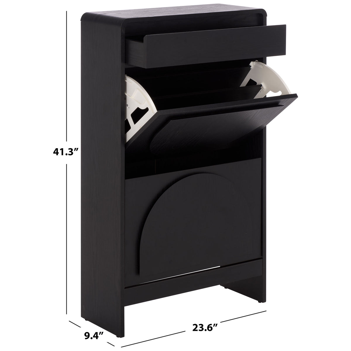 A compact shoe cabinet measures 23.6 inches wide, 9.4 inches deep, and 41.3 inches high. || STG3100B || dimension_studio