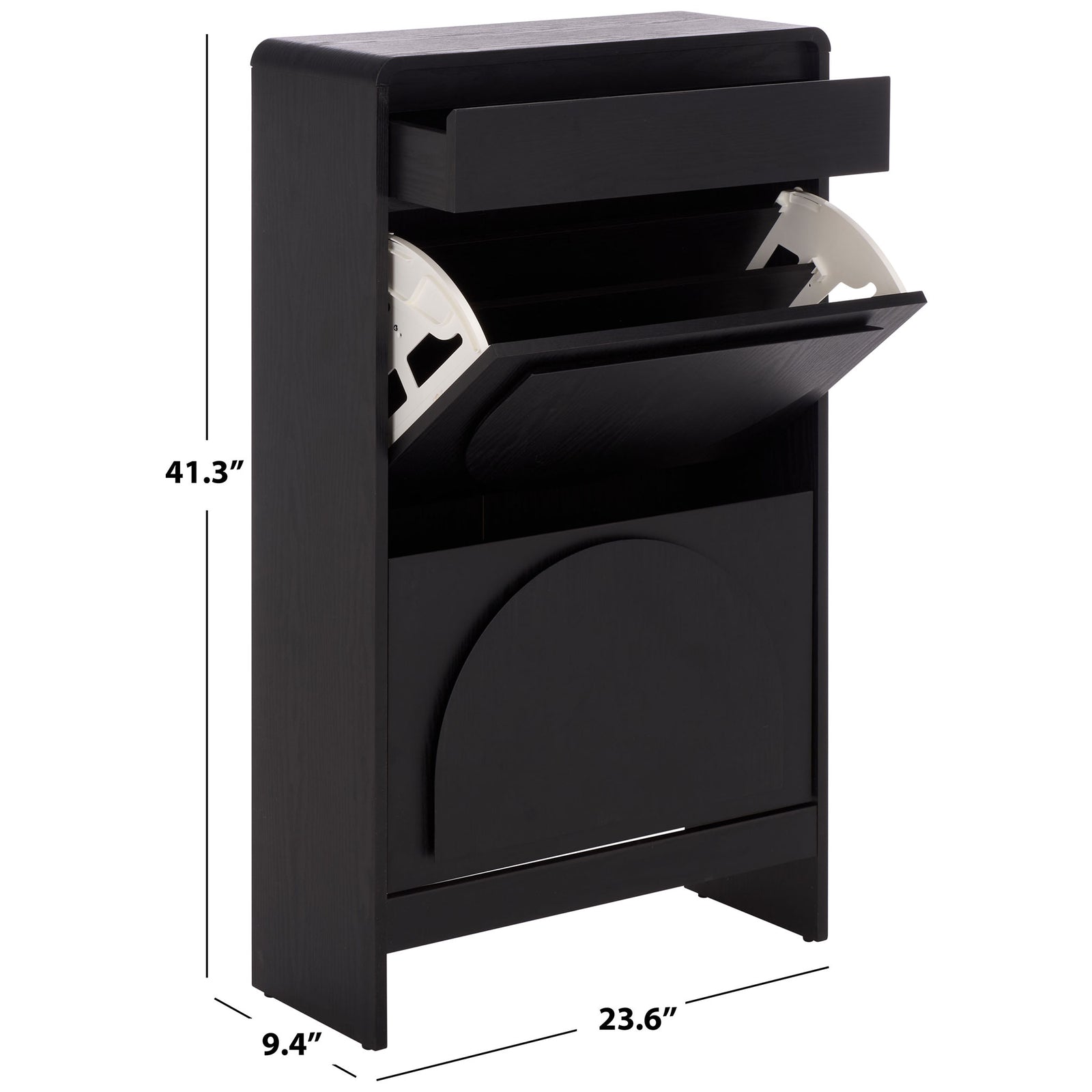 A compact shoe cabinet measures 23.6 inches wide, 9.4 inches deep, and 41.3 inches high. || STG3100B || dimension_studio