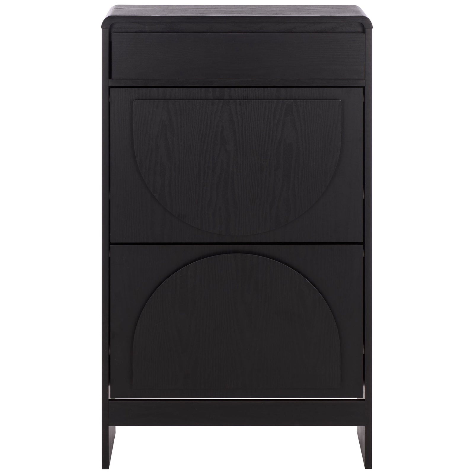 A slim black shoe cabinet features a top drawer and two arched front panels. || STG3100B || front_studio
