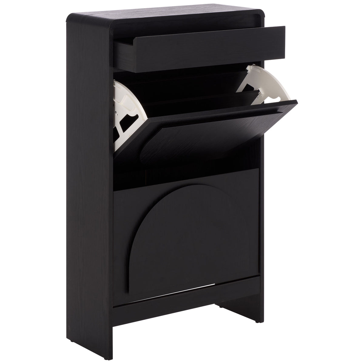 An open top drawer and tilt-out compartment reveal versatile storage in the narrow black cabinet. || STG3100B || front_angle_open_studio