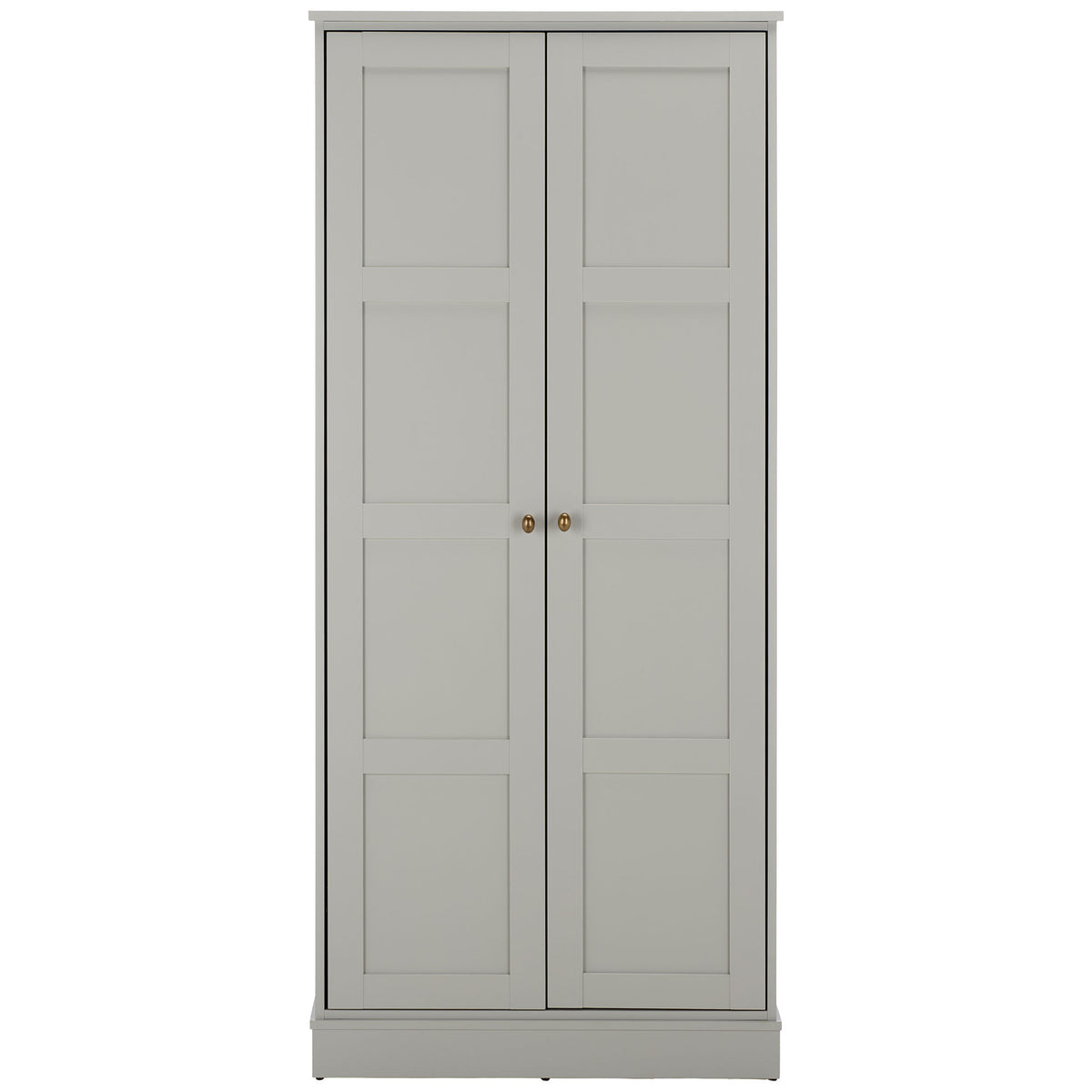 Light gray two-door wardrobe features eight inset panels, brass-tone knobs, and a plinth base. || STG3102A-2BX || front_studio